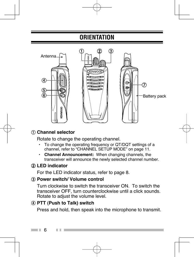 6ORIENTATIONBattery pack Channel selector  Rotate to change the operating channel.•  To change the operating frequency or QT/DQT settings of a channel, refer to “CHANNEL SETUP MODE” on page 11.•  Channel Announcement:  When changing channels, the transceiver will announce the newly selected channel number.  LED indicator  For the LED indicator status, refer to page 8. Power switch/ Volume control  Turn clockwise to switch the transceiver ON.  To switch the transceiver OFF, turn counterclockwise until a click sounds.  Rotate to adjust the volume level. PTT (Push to Talk) switch  Press and hold, then speak into the microphone to transmit.Antenna