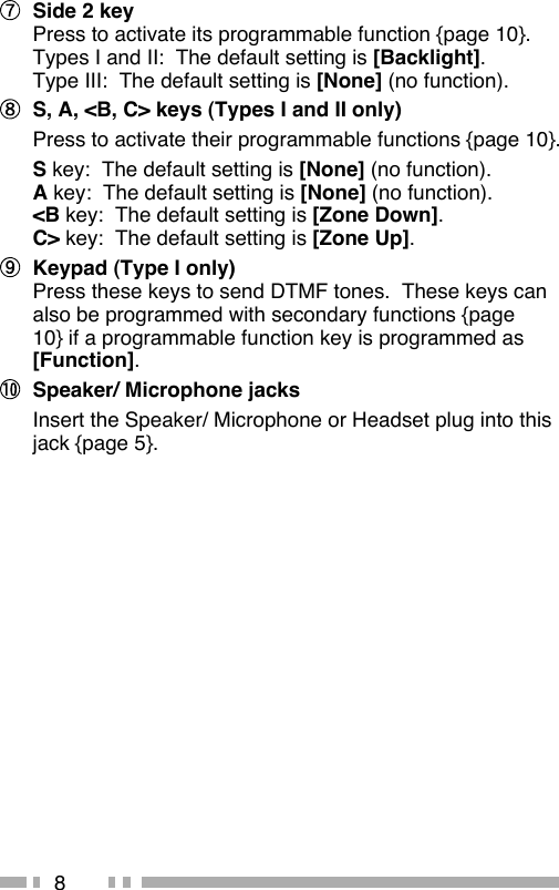 8 Side 2 keyPress to activate its programmable function {page 10}.   Types I and II:  The default setting is [Backlight].Type III:  The default setting is [None] (no function). S, A, &lt;B, C&gt; keys (Types I and II only) Press to activate their programmable functions {page 10}.   S key:  The default setting is [None] (no function).A key:  The default setting is [None] (no function).&lt;B key:  The default setting is [Zone Down].C&gt; key:  The default setting is [Zone Up]. Keypad (Type I only)Press these keys to send DTMF tones.  These keys can also be programmed with secondary functions {page 10} if a programmable function key is programmed as [Function]. Speaker/ Microphone jacks  Insert the Speaker/ Microphone or Headset plug into this jack {page 5}.