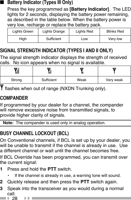 28■  Battery Indicator (Types III Only)  Press the key programmed as [Battery Indicator].  The LED lights for 2 seconds, displaying the battery power remaining, as described in the table below. When the battery power is very low, recharge or replace the battery pack. Lights GreenLights OrangeLights Red Blinks RedHigh Sufficient Low Very lowSIGNAL STRENGTH INDICATOR (TYPES I AND II ONLY)The signal strength indicator displays the strength of received calls.  No icon appears when no signal is available.Strong Sufficient Weak Very weak flashes when out of range (NXDN Trunking only).COMPANDERIf programmed by your dealer for a channel, the compander will remove excessive noise from transmitted signals, to provide higher clarity of signals.Note:  The compander is used only in analog operation.BUSY CHANNEL LOCKOUT (BCL)On Conventional channels, if BCL is set up by your dealer, you will be unable to transmit if the channel is already in use.  Use a different channel or wait until the channel becomes free.If BCL Override has been programmed, you can transmit over the current signal:1  Press and hold the PTT switch.•  If the channel is already in use, a warning tone will sound.2  Quickly release and then press the PTT switch again.3  Speak into the transceiver as you would during a normal call.