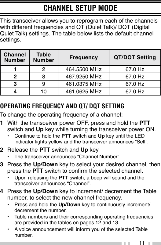 11CHANNEL SETUP MODEThis transceiver allows you to reprogram each of the channels with different frequencies and QT (Quiet Talk)/ DQT (Digital Quiet Talk) settings. The table below lists the default channel settings.Channel NumberTable Number Frequency QT/DQT Setting12 464.5500 MHz 67.0 Hz28 467.9250 MHz 67.0 Hz39 461.0375 MHz 67.0 Hz410 461.0625 MHz 67.0 HzOPERATING FREQUENCY AND QT/ DQT SETTINGTo change the operating frequency of a channel:1  With the transceiver power OFF, press and hold the PTT switch and Up key while turning the transceiver power ON.•  Continue to hold the PTT switch and Up key until the LED indicator lights yellow and the transceiver announces “Self”.2  Release the PTT switch and Up key.•  The transceiver announces “Channel Number”.3  Press the Up/Down key to select your desired channel, then press the PTT switch to conrm the selected channel.•  Upon releasing the PTT switch, a beep will sound and the transceiver announces “Channel”.4  Press the Up/Down key to increment/ decrement the Table number, to select the new channel frequency.•  Press and hold the Up/Down key to continuously increment/ decrement the number.•  Table numbers and their corresponding operating frequencies are provided in the tables on pages 12 and 13.•  A voice announcement will inform you of the selected Table number.