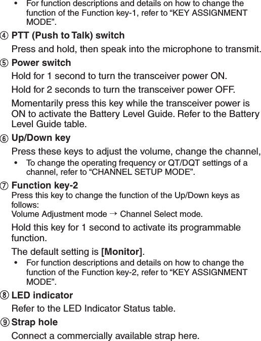 •  For function descriptions and details on how to change the function of the Function key-1, refer to “KEY ASSIGNMENT MODE”. PTT (Push to Talk) switch  Press and hold, then speak into the microphone to transmit. Power switch  Hold for 1 second to turn the transceiver power ON.   Hold for 2 seconds to turn the transceiver power OFF.  Momentarily press this key while the transceiver power is ON to activate the Battery Level Guide. Refer to the Battery Level Guide table. Up/Down key  Press these keys to adjust the volume, change the channel,•  To change the operating frequency or QT/DQT settings of a channel, refer to “CHANNEL SETUP MODE”. Function key-2  Press this key to change the function of the Up/Down keys as follows:  Volume Adjustment mode → Channel Select mode. Hold this key for 1 second to activate its programmable function.  The default setting is [Monitor].•  For function descriptions and details on how to change the function of the Function key-2, refer to “KEY ASSIGNMENT MODE”. LED indicator  Refer to the LED Indicator Status table. Strap  hole  Connect a commercially available strap here.