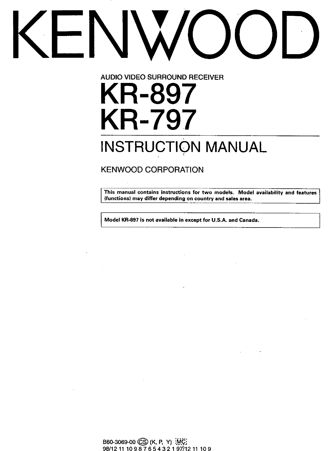 Kenwood KR 797 User Manual AUDIO VIDEO SURROUND RECEIVER Manuals And