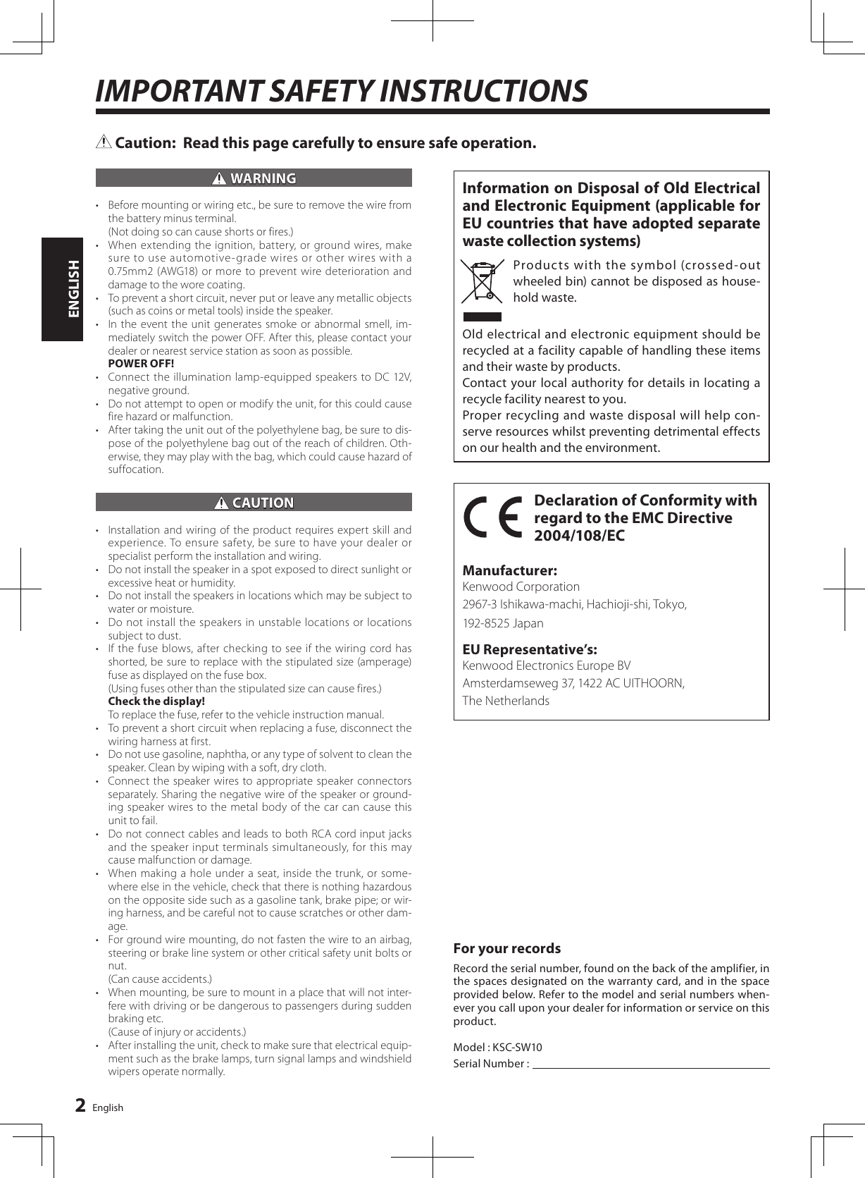 Page 2 of 9 - Kenwood KSC-SW10 User Manual  To The 49fc1589-be59-4cf8-8e18-7ada68ddaabf