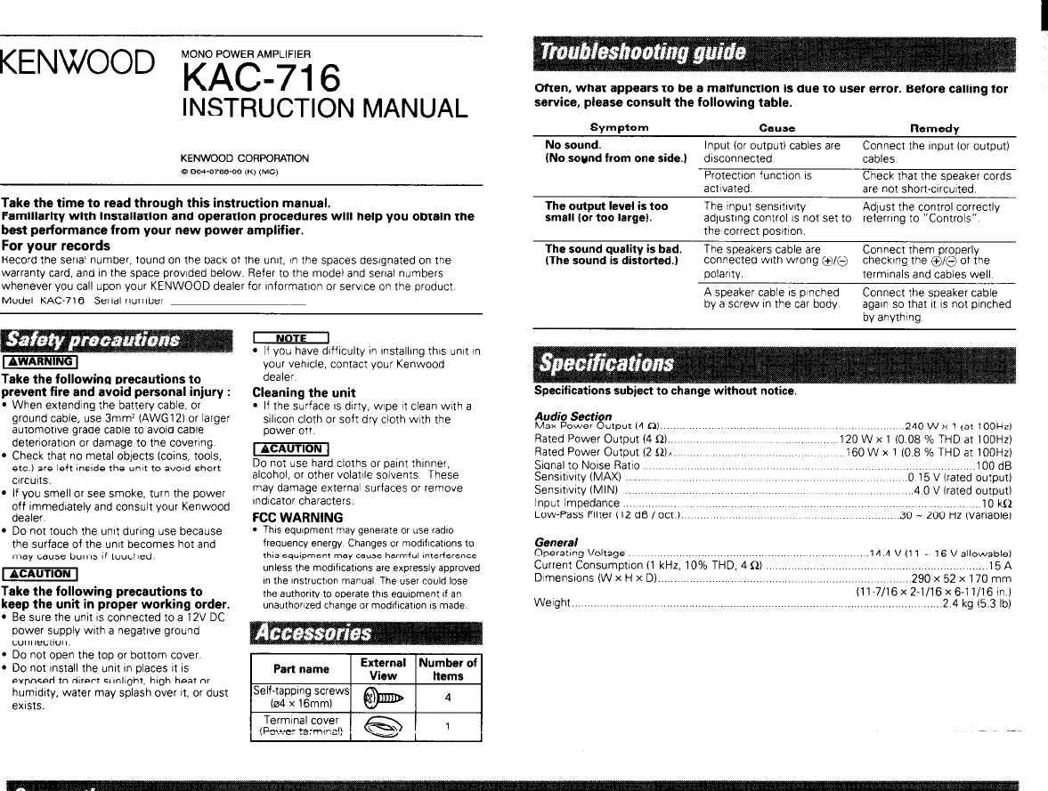 Page 1 of 4 - Kenwood Kenwood-Kac-716-Owner-S-Manual KAC-716