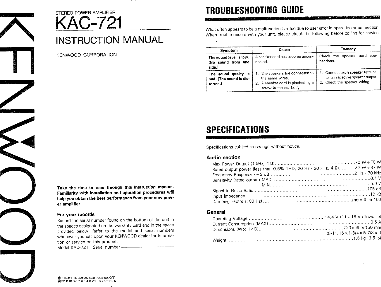 Page 1 of 4 - Kenwood Kenwood-Kac-721-Owner-S-Manual