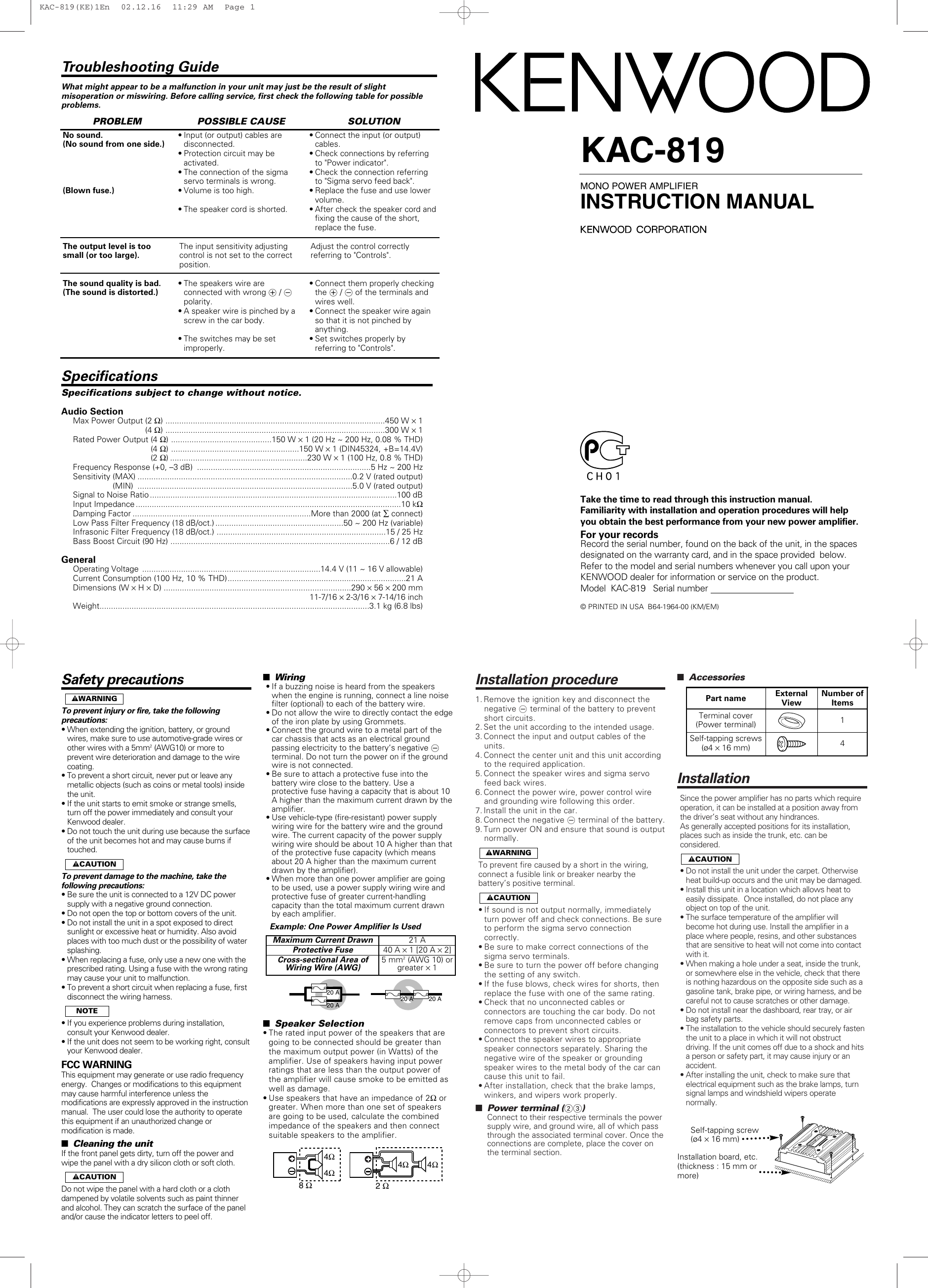 Page 1 of 2 - Kenwood Kenwood-Kac819-Users-Manual- KAC-819  Kenwood-kac819-users-manual