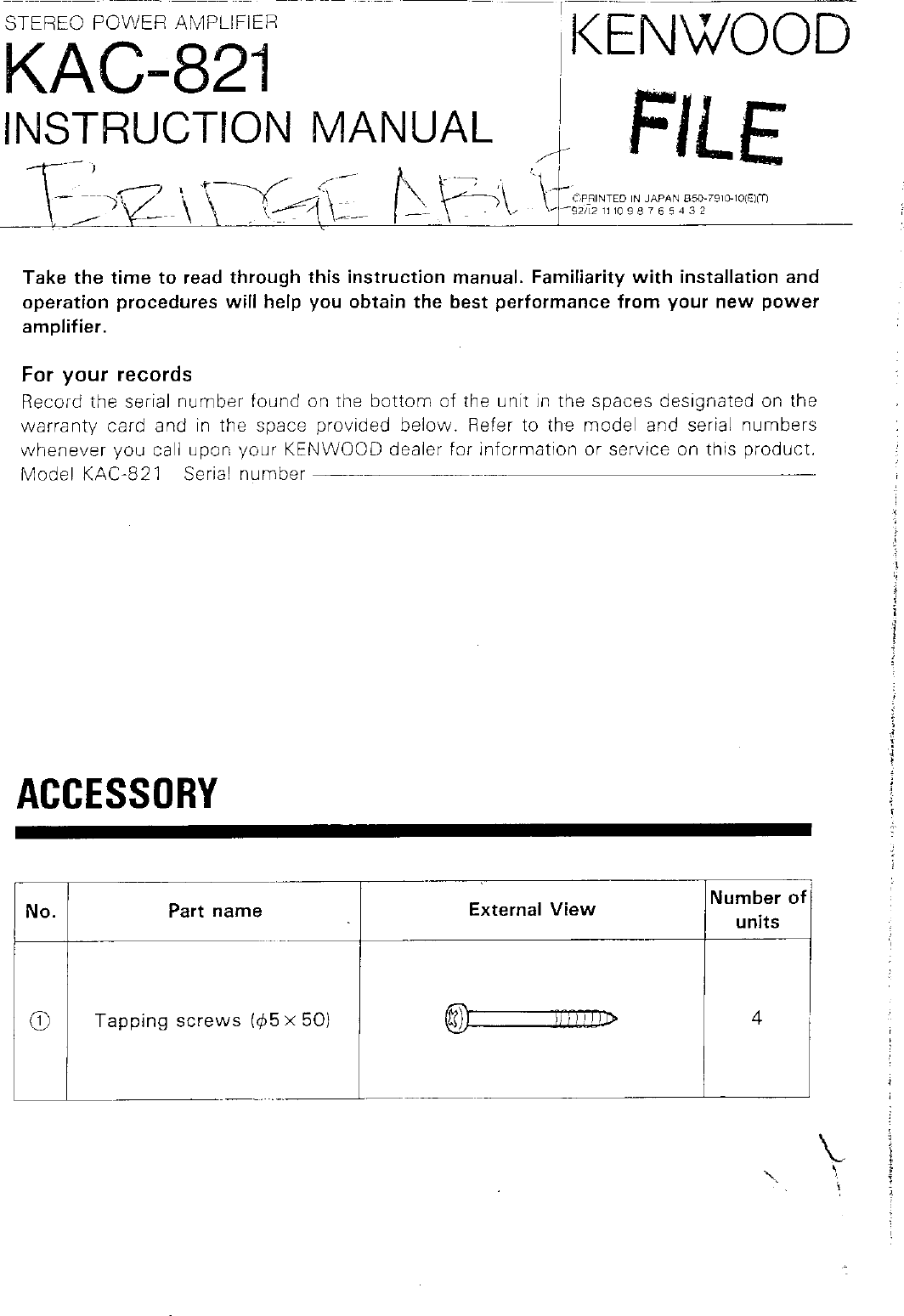 Page 1 of 6 - Kenwood Kenwood-Kac-821-Owner-S-Manual