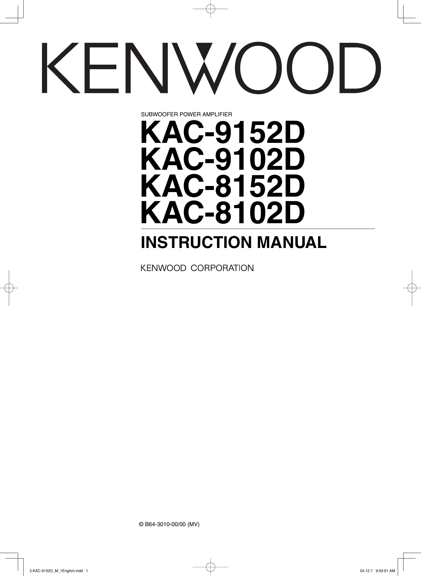 Page 1 of 8 - Kenwood Kenwood-Kac-9152D-Owner-S-Manual KAC-9152D_9102D_8152D_8102D