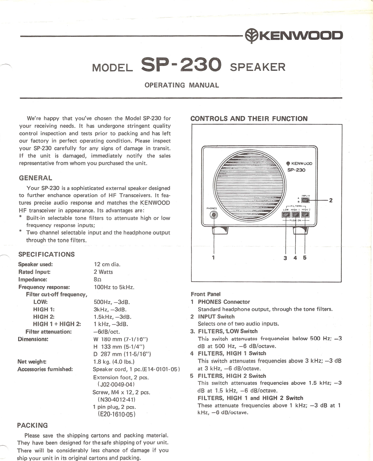 Page 1 of 2 - Kenwood Kenwood-Kenwood-Car-Speaker-Sp-230-Users-Manual-  Kenwood-kenwood-car-speaker-sp-230-users-manual