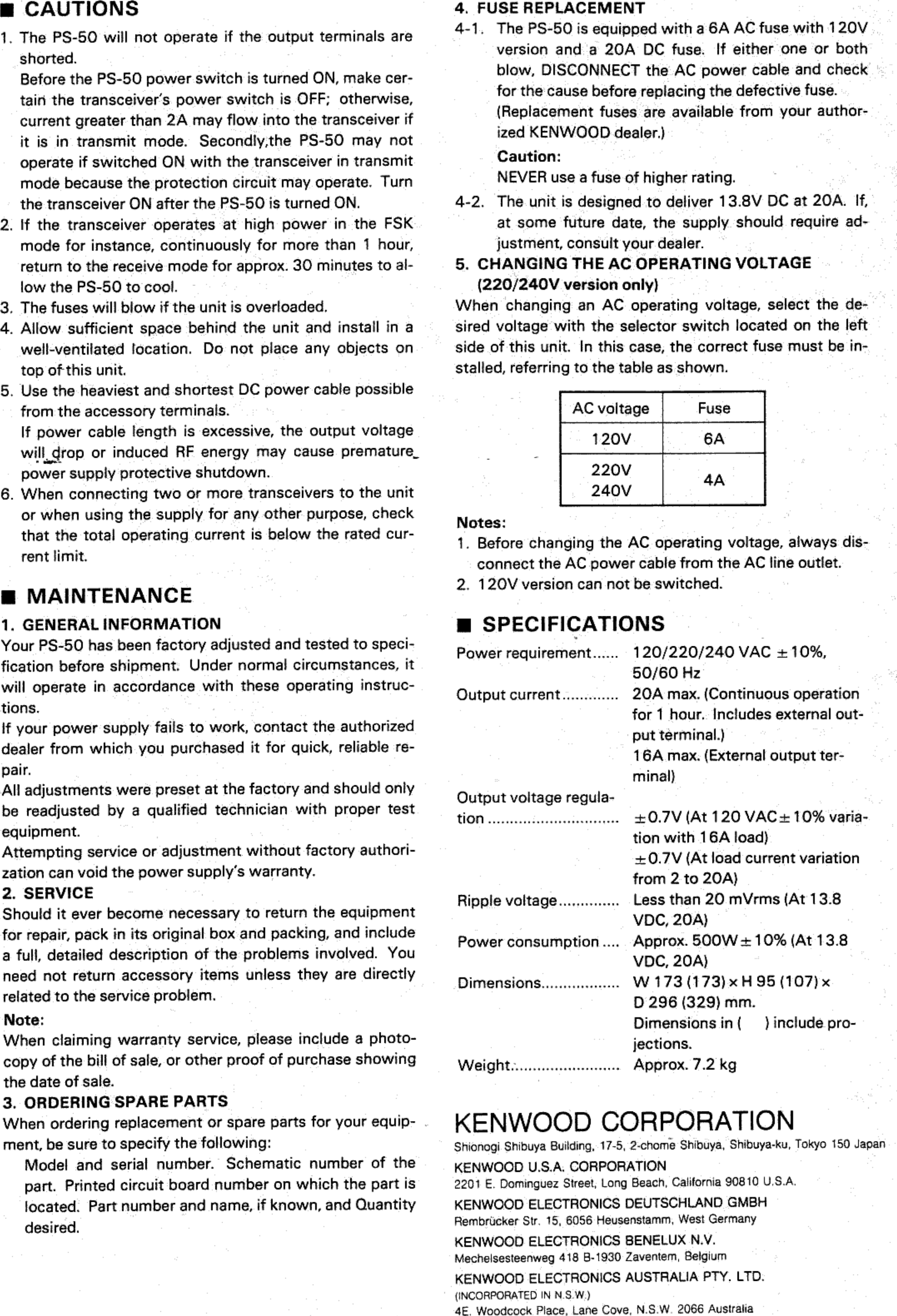 Page 3 of 4 - Kenwood Kenwood-Kenwood-Power-Supply-Ps-50-Users-Manual- PS-50 Instruction Manual  Kenwood-kenwood-power-supply-ps-50-users-manual