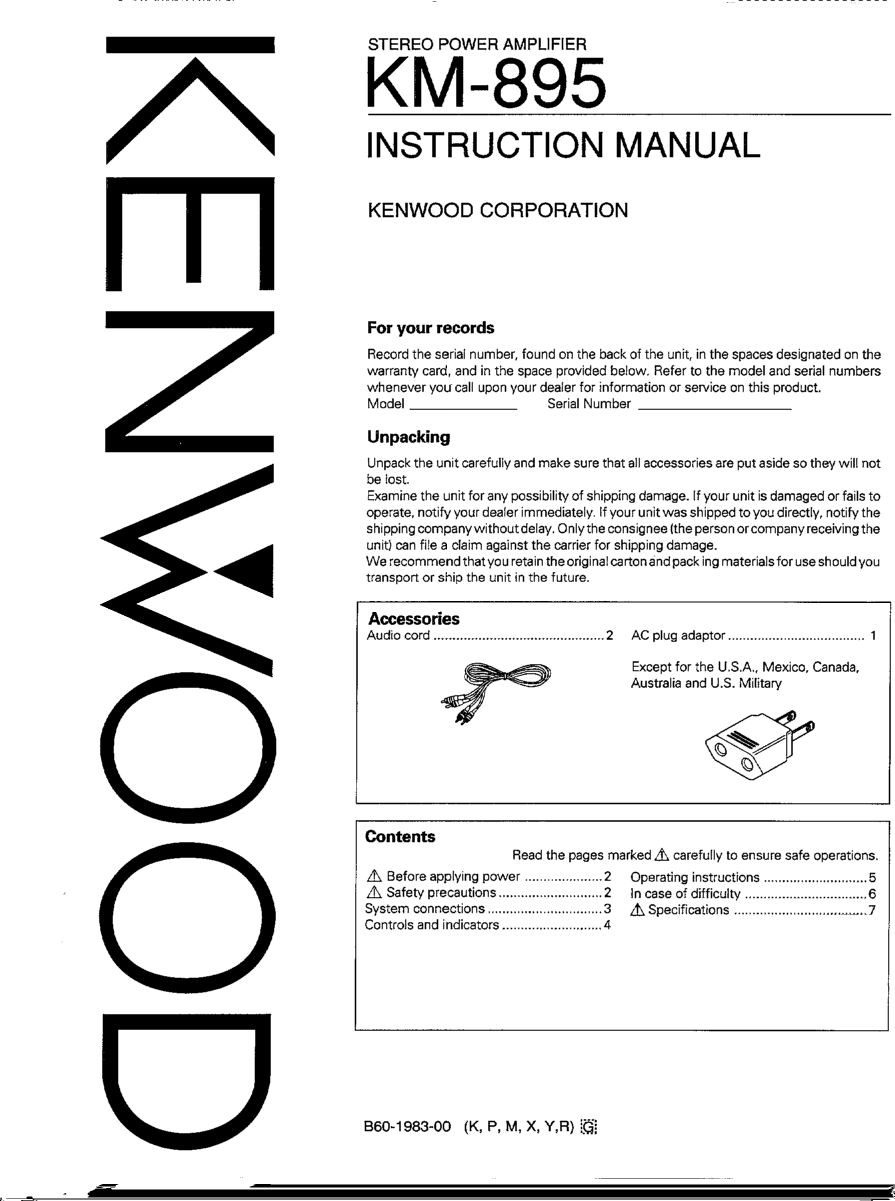 Page 1 of 8 - Kenwood Kenwood-Km-895-Owner-S-Manual KM-895