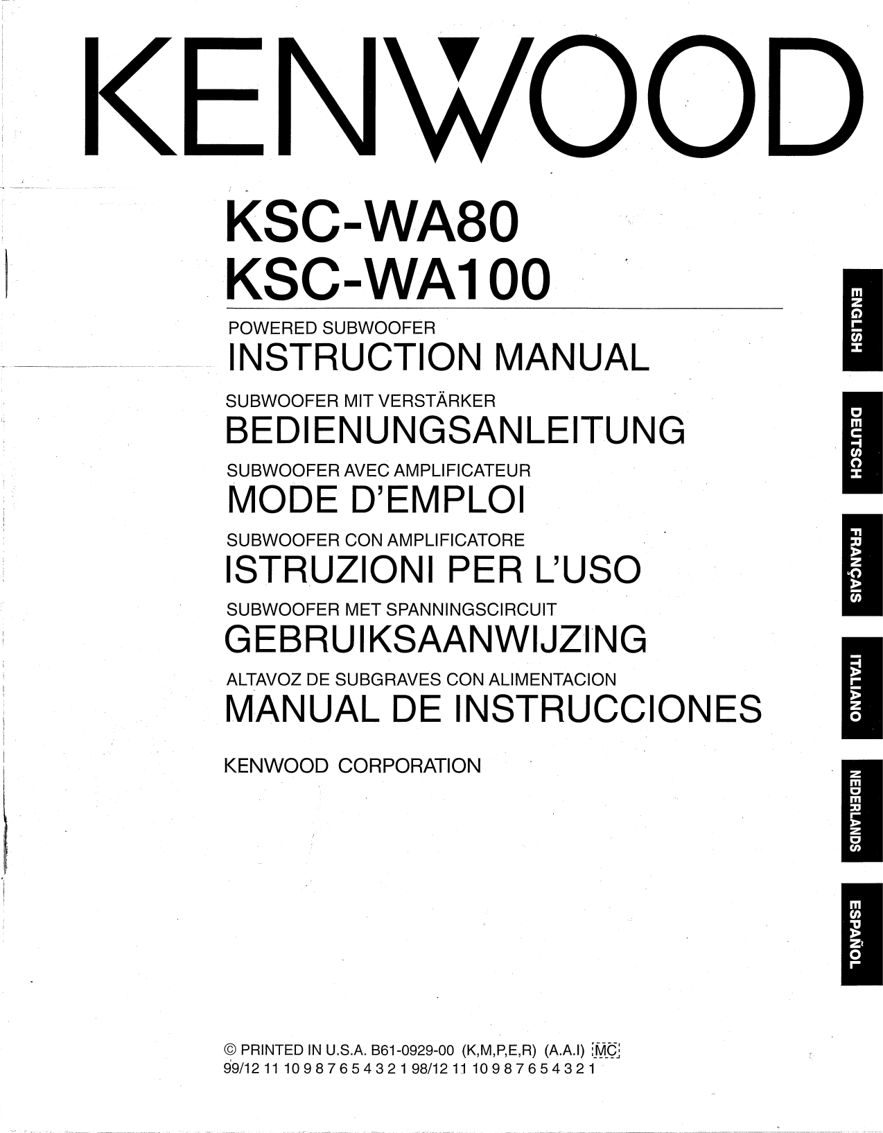 Page 1 of 11 - Kenwood Kenwood-Ksc-Wa100-Owner-S-Manual
