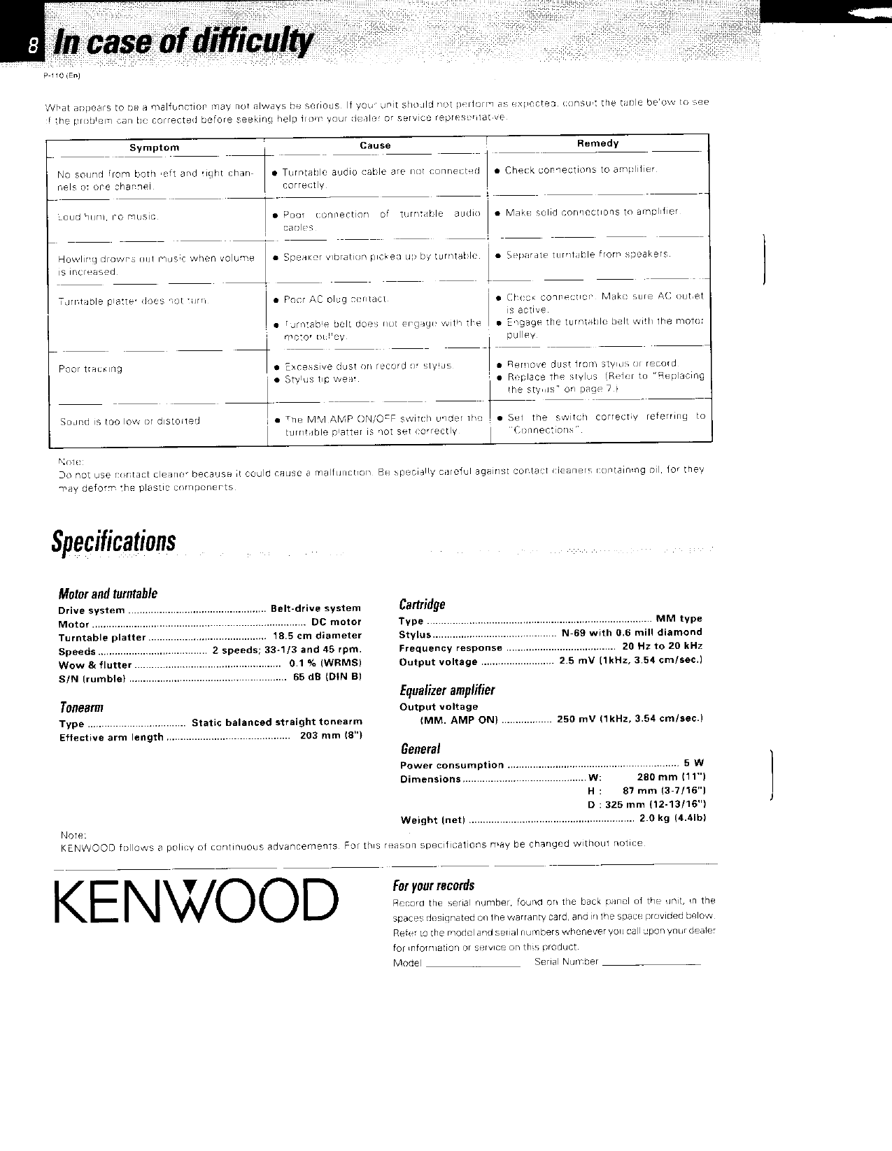Page 8 of 8 - Kenwood Kenwood-P-110-Owner-S-Manual