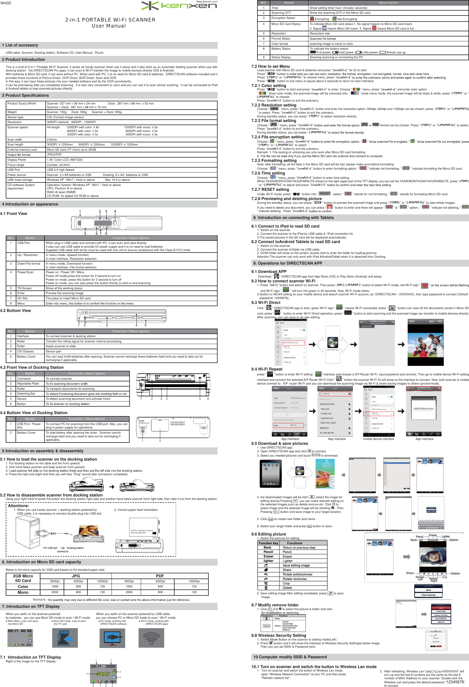     2-in-1 PORTABLE Wi-Fi SCANNERUser Manual 1 List of accessoryUSB cable, Scanner, Docking station, Software CD, User Manual,  Pouch.2 Product IntroductionThis is a kind of 2-in-1 Portable Wi-Fi Scanner, it works as handy scanner when use it alone and it also work as an automatic feeding scanner when use with docking station.  Via DIRECTSCAN Pro apps, it can scan &amp; Wi-Fi transfer the image to mobile devices directly (iOS &amp; Android). With batteries &amp; Micro SD card, it can work without PC. When work with PC, it is no need for Micro SD card &amp; batteries.  DIRECTSCAN software included and it provides these functions of Picture Direct, OCR Direct, BCR Direct, Scan and OCR.In this way, it can input these pictures into your needed software and do the OCR conveniently.It can be previewing after you completed scanning.  It is also very convenient to carry and you can use it to scan almost anything.  It can be connected to iPad &amp; Android tablets to load scanned pictures directly.3 Product Speci¿ cationsProduct Size(LxWxH) Scanner: 257 mm x 36 mm x 24 mm               Dock:  287 mm x 88 mm  x 52 mm   Scanner + Dock:  287 mm x 88 mm x 76 mmWeight Scanner: 150g      Dock: 350g      Scanner + Dock: 500gSensor type CIS (Contact image sensor)Resolution 300DPI (default) , 600DPI , 1200DPIScanner speed $OHQJWK&apos;3,ZLWKFRORUV&apos;3,ZLWKPRQRV&apos;3,ZLWKFRORUV&apos;3,ZLWKPRQRV&apos;3,ZLWKFRORUV&apos;3,ZLWKPRQRVScan width 216mmScan length &apos;3,PP&apos;3,PP&apos;3,PPExternal memory card Micro SD card (TF Card) up to 32GBJPEG/PDFDisplay Panel 1.45” Color LCD (480*320)Focus range Contact, ±0.3mmUSB Port USB 2.0 high SpeedPower source Scanner: 3 x AA batteries or USB              Docking: 6 x AA  batteries or USB USB mass storage Windows XP / Win7 / Vista or above            Mac 10.4 or aboveCD software System requirement Operation System: Windows XP / Win7 / Vista or aboveCPU: Pentium III or aboveRAM: At least 256MBCD ROM: 4x speed CD ROM or above4 Introduction on appearance 4.1 Front ViewNo. Name Function / Description1 USB Port When plug in USB cable and connect with PC, it can scan and input directly.  It also can use USB cable to provide 5V power supply and it is no need to load batteries.Supplied USB cable with ferrite must be used with this unit to ensure compliance with the Class B FCC limits2 Up / Resolution In menu mode, Upward function;In main interface, Resolution selection3 Down/File format In menu mode, Downward function;In main interface, File format selection4 Power/Scan Power on / Power Off / MenuPower off mode,press this button for 2 second to turn onPower on mode, press this button for 2 second to turn offPower on mode, you can also press this button shortly to start or end scanning5 TN Screen Show all the working status6 Enter Preview the scanning image7 SD Slot The place to insert Micro SD card8 Menu4.2 Bottom View  No. Name Function / Description1 Interface To connect scanner &amp; docking station2 Roller Transfer the rolling signal for scanner internal processing3 Roller Assist scanner to slide4 CIS Glasses Sensor part5 Battery Cover You can load 3xAA batteries after opening. Scanner cannot recharge these batteries itself and you need to take out for recharging if applicable.4.3 Front View of Docking StationNo. Name Function / Description 1 Connector To connect scanner2 Adjustable Plate3 Roller To transport documents for scanning  4 Detecting Bar5 Sensor To detect scanning document and activate motor6 Button4.4 Bottom View of Docking Station No. Name Function / Description1 USB Port / Power Slot To connect PC for scanning from this USB port. Also, you can plug in power supply for operations.2 Battery Cover To load battery after opening the cover.  Scanner cannot recharge itself and you need to take out for recharging if applicable.5 Introduction on assembly &amp; disassembly 5.1 How to load the scanner on the docking station1. Put docking station on the table and the front upward,2. One hand takes scanner and keep scanner front upward;4. Press the right end slight and then you will hear “Ding” sound after connection completed.5.2 How to disassemble scanner from docking stationUsing your right hand to press the button the docking station right side and another hand takes scanner from right side, then take it out from the docking station.Attentions:1. When you use handy scanner + docking station powered by                     2. Correct paper feed orientation.    USB cable, it is necessary to connect double plug into USB slot.             6. Introduction on Micro SD card capacityBelow is the store capacity for 2GB card based on A4 standard paper side:2GB Micro SD Card JPG PDF  300Dpi 600Dpi 1200Dpi 300Dpi 600Dpi 1200Dpi    Color 1600 600 120 1600 600 120Mono 2000 800 120 2000 800 120Remark: 7. Introduction on TFT DisplayWhen you swith on the scanner powered                                           When you swith on the scanner powered by USB cable,by batteries,  you can use Micro SD mode to scan / Wi-Fi mode       you can choose PC or Micro SD mode to scan / Wi-Fi mode                                                        Ɣ0DLQ0HQXVFDQDQGVDYHƔ0LFUR6&apos;PRGHVFDQVDYHƔ3&amp;PRGHZRUNLQJZLWKƔ:L)LPRGHZRUNLQJZLWK   into Micro SD                                            into TF card                                                DIRECTSCAN software                           DIRECTSCAN apps                                                                                                   7.1  Introduction on TFT DisplayRight is the image for the TFT display:NO. Name Description1 Time Show setting time( hour: minutes: seconds)2 Scanning QTY Show the scanning QTY in the Micro SD card3 Encryption Select  Encrypting      Not Encrypting4 Micro SD Card Status To indicate Micro SD card status:1. No signal means no Micro SD card insert.2. Signal   means Micro SD insert. 3. Signal   means Micro SD card is full.5 Resolution Resolution rate6Format Select7 Color format scanning image is mono or color8 Battery Status To indicate the battery status: Full power.   Half power.   Little power.   Almost use up.9 Status Display Showing scanning or connecting the PC7.2 How to set MenuLoad scanner with Micro SD card &amp; batteries and press “   ” for 2s to start. “ sserP  Press “   ” or “   ” to choose menu, press “ Press “   ” button to exit menu or pause about 5 seconds to return to main interface.7.2.1 Color settingPress “   ” button to start and press “   ” to enter. Choose “   ” menu, press “   ” and enter color option: “   ” show color mode, the scanned image will be colorized one; “   ” show mono mode, the scanned image will be black &amp; white, press “   ” or “  ” to choose.Press “   ” button to exit the submenu.7.2.2 Resolution settingChoose “   ” menu, press “   ” button and enter the resolution option: 300dpi, 600dpi and 1200dpi can be chosen, press “   ” or “   ” to select. Press “   ” button to exit the submenu.During standby status, you can press “   ” to select resolution directly7.2.3 File format settingChoose “   ” menu, press “   or   format can be chosen, Press “   ” or “   ” to select.Press “   ” button to exit the submenu.During standby status, you can press “ 7.2.4 File encryption settingChoose “   ” menu, press “ “   ” or “   ” to select.Press “   ” button to exit the submenu.Remark: 1. File locking or unlocking can only work after Micro SD card formatting;7.2.5 Formatting settingNote: after formatting, all the data in the Micro SD card will be lost, please make sure before formattingChoose “   ” menu, press “   ” button to enter formatting option: “   ” indicate not formatting, “   ” indicate formatting the Micro SD card.7.2.6 Time settingChoose “   ” menu, press “   ” button to enter time setting.When YEAR/MONTH/DAY/HOUR/MINUTE shows on the right upper part of the TFT display, you can set the YEAR/MONTH/DAY/HOUR/MINUTE, press “   ” or “   ” to adjust and press “ 7.2.7 RESET settingUnder Wi-Fi mode, press “   ” button into “   ” select: “   ” stands for not formatting, “   ” stands for formatting Micro SD card.7.2.8 Previewing and deleting pictureDuring the standby status, you can press “   ” button to preview the scanned image and press “   ” or “   ” to view whole images.If you need to delete any document, you can press “   ” button to enter and there will appear “   ” &amp; “   ” option,: “   ” indicate not deleting, “   ” indicate deleting.  Press “ 8  Introduction on connecting with Tablets8.1 Connect to iPad to read SD card1. Switch on the scanner.2. Connect the scanner to the iPad by USB cable &amp; *iPad connection kit.3.The saved pictures in the SD card will be displayed automatically.8.2 Connect toAndroid Tablets to read SD card1. Switch on the scanner.2. Connect the scanner toTablet via USB cable.3. DCIM folder will show on the screen, double click to enter the folder for loading pictures.Attention:The scanner can only work with iPad &amp;AndroidTablet when it is detached from Docking.9. Operations for DIRECTSCAN APP9.1 Download APP Download “   ” DIRECTSCAN app from App Store (iOS) or Play Store (Android) and setup. 9.2 How to connect scanner Wi-Fi 1. Press “   ” button and switch on scanner. Then press “   /   ” button to select Wi-Fi mode, red Wi-Fi sign “     and Wi-Fi sign “   ” will turn into green in 30 seconds. Now, Wi-Fi mode starts;2.Switch on WLAN setting on your mobile device and search scanner Wi-Fi account, as “(DIRECTSCAN – XXXXXXX), then type password to connect (Default       password: 12345678);9.3 Wi-Fi DirectClick “   ” DIRECTSCAN app to start, green Wi-Fi sign “   ” means Wi-Fi connected, press “   ” button can view all the documents saved in Micro SD card, press “   ”  button to enter Wi-Fi Direct operation, press “   ” button to start scanning and the scanned image can transfer to mobile devices directly. After scanning, you can save or do own editing.Back Save EditSynchronizeConnection StatusDIRECTSCAN-xxxxxxxxDIRECTSCAN AppsONE-123TWO-234DIRECTSCAN-xxxxxxxxMore...NETWORKConnecting...THREE-3459.4 Wi-Fi Repeatpress “   ” button to enter Wi-Fi setting “   ” interface and choose a A/P Router Wi-Fi, input password and connect. Then go to mobile device Wi-Fi setting interface and connect the selected A/P Router Wi-Fi.Click “   ” button the scanner Wi-Fi ID will show on the interface to connect. Now, both scanner &amp; mobile device connect to   A/P  router Wi-Fi and you can download the scanning image via Wi-Fi &amp; share saving images to others synchronically. XDIRECTSCAN-xxxxxxxxBackBackRequiredNew PasswordConfirm Password RequiredSELECTING WI-FI...OKPEPEATER INTERFACEConnection StatusONE-123TWO-234DIRECTSCAN-xxxxxxxxMore...NETWORKConnecting...THREE-345DIRECTSCAN-xxxxxxxxONE-123ONE-123 TWO-234 THREE-345 HJKDJAK-001 DAEFVZC-GESTDIRECTSCAN-xxxxxxxx                             App interface                                   App interface                     mobile device interface                          App interface9.5 Download &amp; save pictures1. Use DIRECTSCAN app.2. Open DIRECTSCAN app and click   to connect.3. Select you needed pictures and touch   to download.   4. the downloaded images will be listin   ,select the image for    editing directly.Pressing   ,you can make relevant editing on    the selected images,such as delete,remove etc. Click   to    select image and the selected image will be showing   . Then    Pressing   button and save image to your target location.5. Click   to create new folder and name.6. Select your target folder and press   button to save.9.6 Editing picture1. Select the pictures for editing.              2. Save editing image After editing completed, press   to save      image.9.7 Modify remove folder1. Click   and   to select the picture &amp; folder and click       9.8 Wireless Security Setting1. Switch Mode Button on the scanner to setting mode(Left).2. Press   button and it will show the interface of Wireless Security Settingas below image.    Then you can set SSID &amp; Password here.10 Computer modify SSID &amp; Password10.1 Turn on scanner and switch the button to Wireless Lan mode1.  Turn on scanner and switch the button to Wireless Lan mode;     open “Wireless Network Connection” at your PC and then press     “Refresh network list”.861234 512 3 4 5121348976 52ScanDIRECTSCANW4GD2.  After refreshing, Wireless Lan “magic scan-XXXXXXXX” will      turn up and the last 8 numbers are the same as the last 8      number of MAC Address on your scanner. Double click the Wireless Lan and press the default password “12345678”to connect.DIRECTSCAN