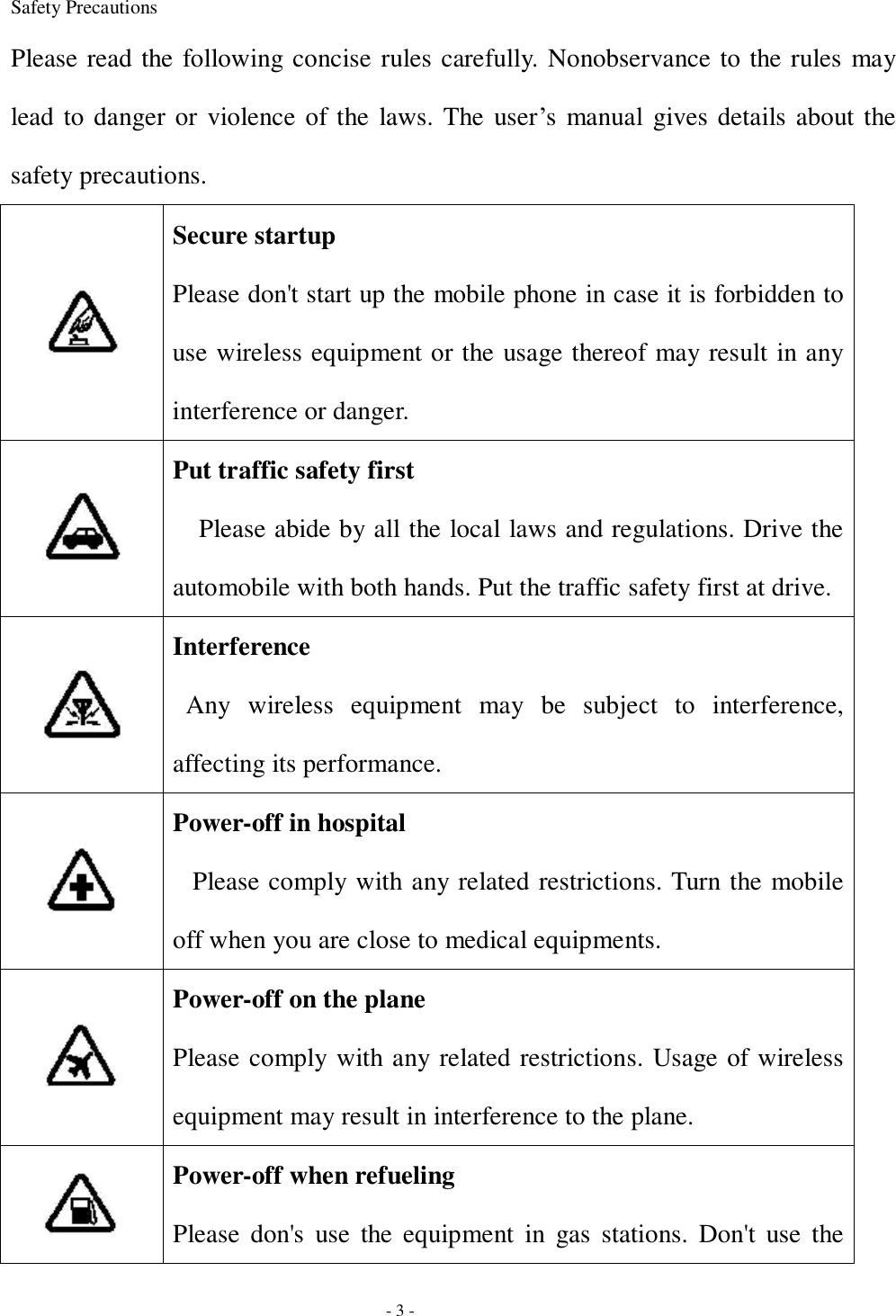  - 3 - Safety Precautions Please read the following concise rules carefully. Nonobservance to the rules may lead to danger or violence of the laws. The user’s manual gives details about the safety precautions.  Secure startup Please don&apos;t start up the mobile phone in case it is forbidden to use wireless equipment or the usage thereof may result in any interference or danger.  Put traffic safety first Please abide by all the local laws and regulations. Drive the automobile with both hands. Put the traffic safety first at drive.   Interference Any wireless equipment may be subject to interference, affecting its performance.  Power-off in hospital Please comply with any related restrictions. Turn the mobile off when you are close to medical equipments.  Power-off on the plane Please comply with any related restrictions. Usage of wireless equipment may result in interference to the plane.  Power-off when refueling Please don&apos;s use the equipment in gas stations. Don&apos;t use the 