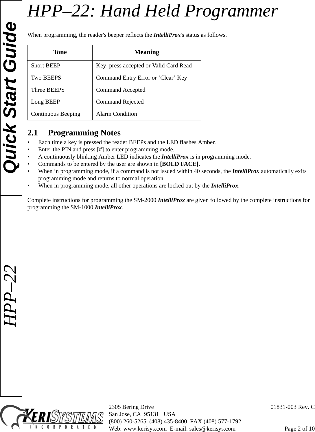 Page 2 of 10 - Keri Systems HPP-22_Combo HPP-22 Hand Held Programmer Quick Start Guide