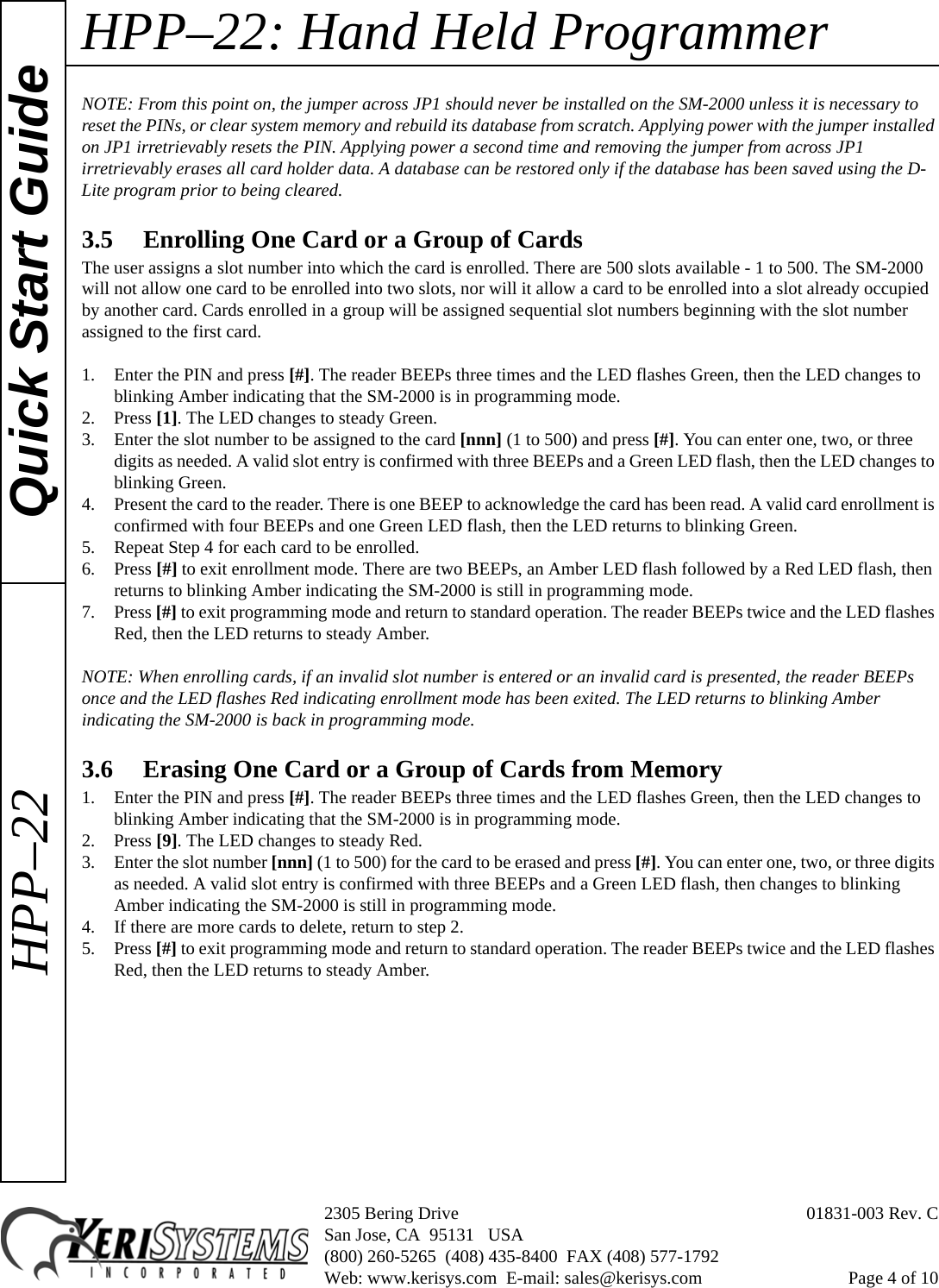 Page 4 of 10 - Keri Systems HPP-22_Combo HPP-22 Hand Held Programmer Quick Start Guide
