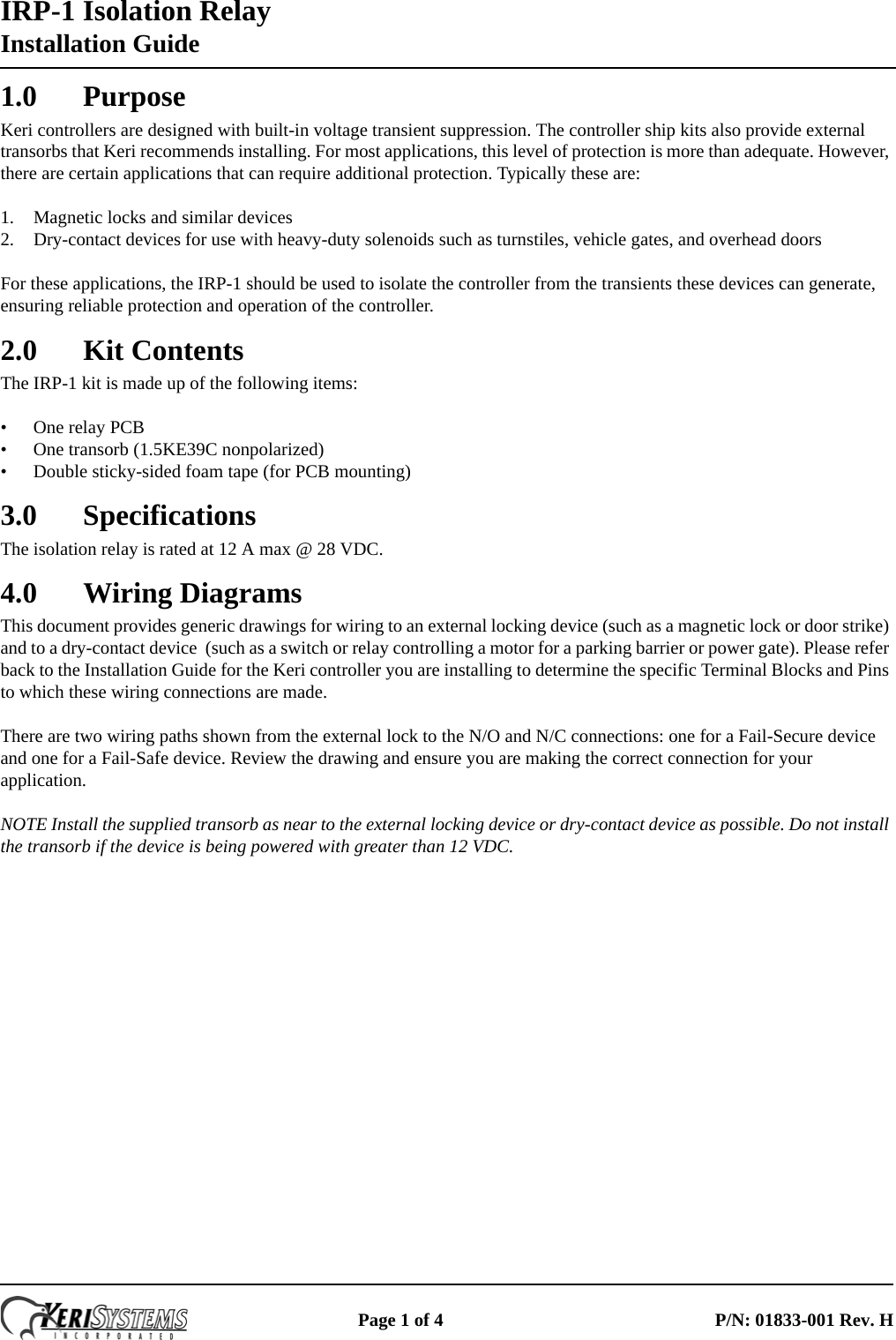 Page 1 of 4 - Keri Systems Isolation Relay-H IRP-1 Relay Installation Guide