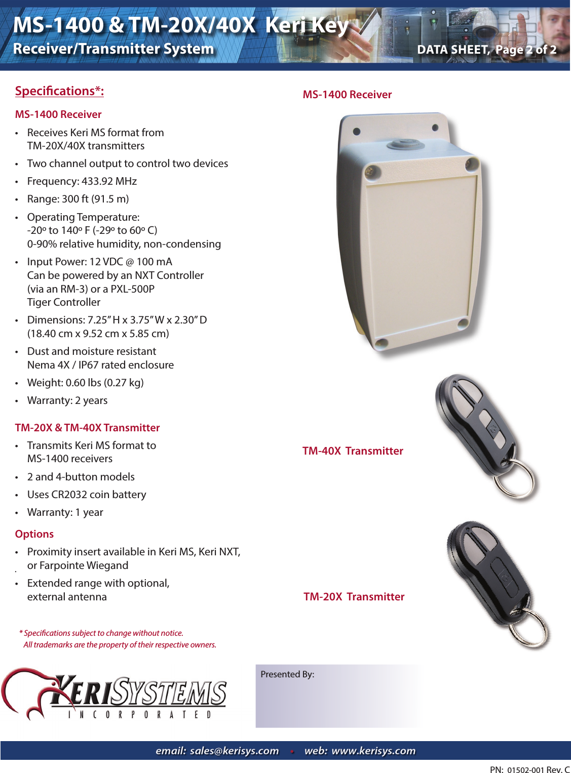 Page 2 of 2 - Keri Systems Key Data Sheet 2015 MS-1400 MS-1400TM-2040Keri Rev C