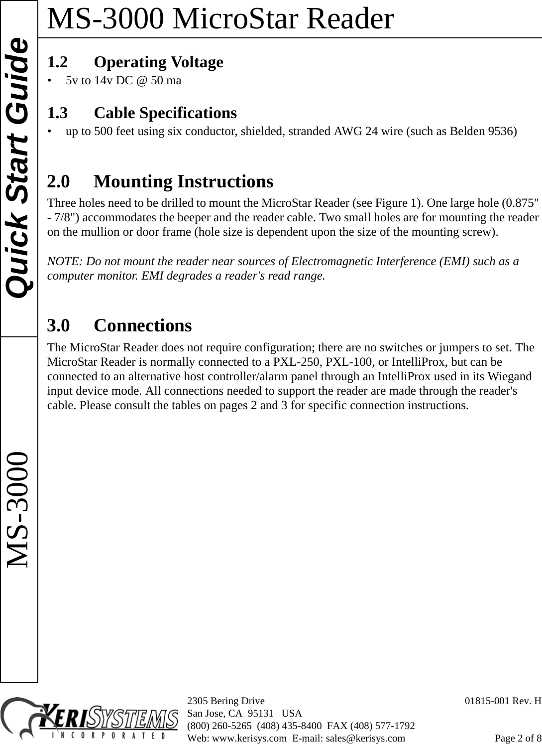 Page 2 of 8 - Keri Systems MS-3000 QSG Micro Star Reader Product Guide Quick Start
