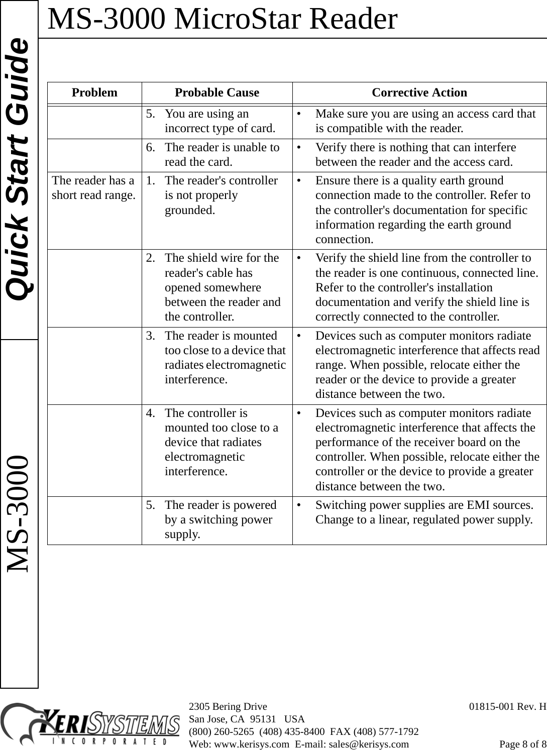 Page 8 of 8 - Keri Systems MS-3000 QSG Micro Star Reader Product Guide Quick Start