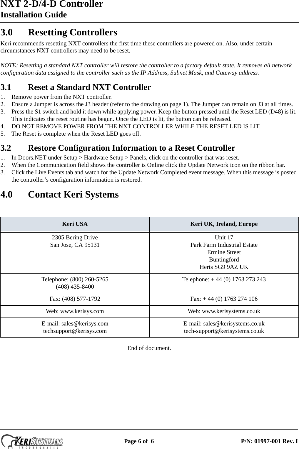 Page 6 of 6 - Keri Systems NXT_2D-4D_Controller_Installation_Guide_I NXT-2D And NXT-4D Installation Guide NXT 2D-4D Controller