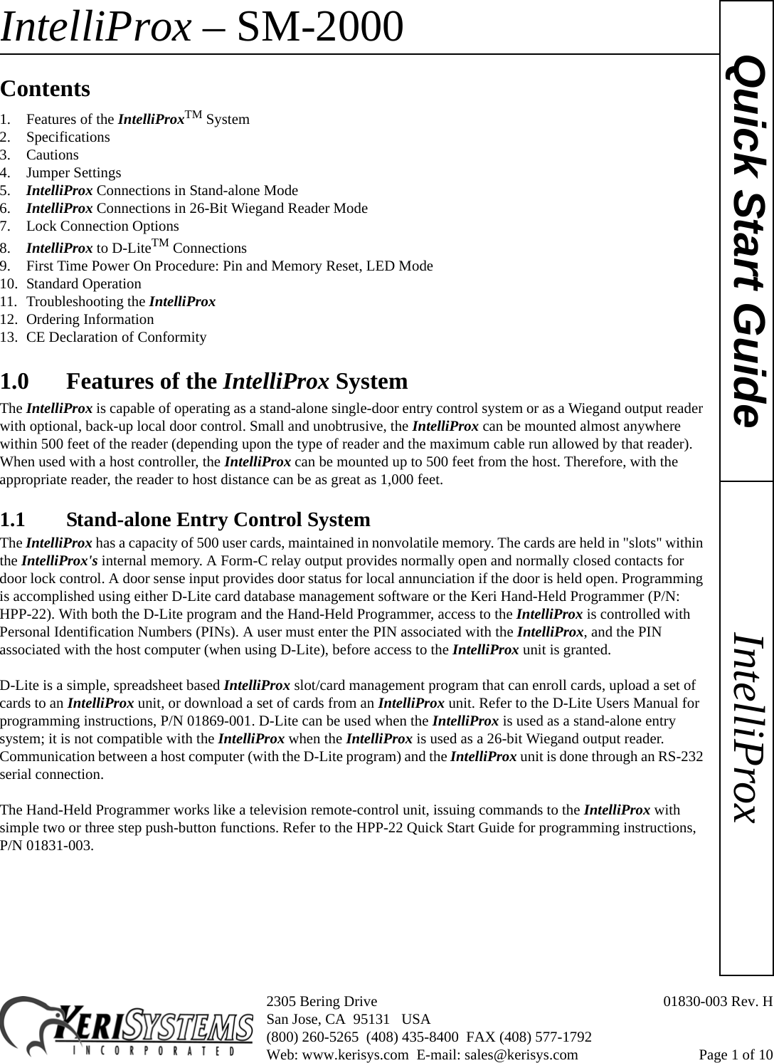 Page 1 of 10 - Keri Systems Ip2000 SM-2000 Intelli Prox Quick Start Guide