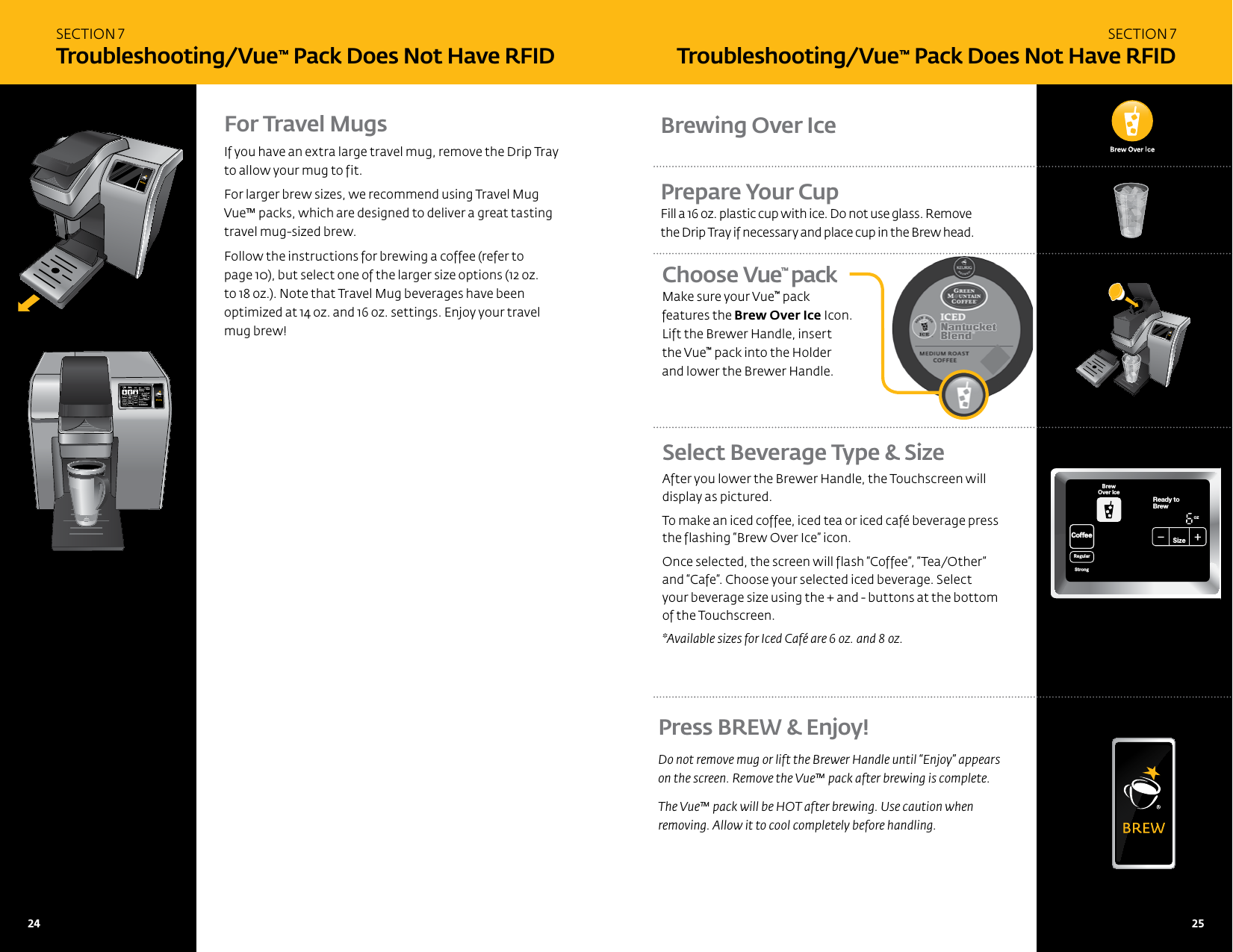 SECTION 7 Troubleshooting/Vue&trade; Pack Does Not Have RFIDFor Travel MugsIf you have an extra large travel mug, remove the Drip Tray  to allow your mug to fit. For larger brew sizes, we recommend using Travel Mug  Vue&trade; packs, which are designed to deliver a great tasting travel mug-sized brew. Follow the instructions for brewing a coffee (refer to  page 10), but select one of the larger size options (12 oz.  to 18 oz.). Note that Travel Mug beverages have been optimized at 14 oz. and 16 oz. settings. Enjoy your travel  mug brew!CoffeeStep2 Step2RegularCaf&eacute;StrongHotCocoaTeaOtherFrothStep1Ready toNot BrewingPMOZMHSizeFrothingEnjoy!De-ScaleSet ClockSet Auto Off SetSet OnOff Time SetSet Brew Temp SetMenuAdd WaterCoffee&amp; TeaBrewOver Ice Caf&eacute;2 StepSECTION 7 Troubleshooting/Vue&trade; Pack Does Not Have RFIDChoose Vue&trade; pack Make sure your Vue&trade; pack features the Brew Over Ice Icon. Lift the Brewer Handle, insert  the Vue&trade; pack into the Holder and lower the Brewer Handle.Press BREW &amp; Enjoy!Do not remove mug or lift the Brewer Handle until &ldquo;Enjoy&rdquo; appears  on the screen. Remove the Vue&trade; pack after brewing is complete. The Vue&trade; pack will be HOT after brewing. Use caution when  removing. Allow it to cool completely before handling. Brewing Over IcePrepare Your CupFill a 16 oz. plastic cup with ice. Do not use glass. Remove  the Drip Tray if necessary and place cup in the Brew head.Select Beverage Type &amp; Size After you lower the Brewer Handle, the Touchscreen will display as pictured. To make an iced coffee, iced tea or iced caf&eacute; beverage press the flashing &ldquo;Brew Over Ice&rdquo; icon. Once selected, the screen will flash &ldquo;Coffee&rdquo;, &ldquo;Tea/Other&rdquo; and &ldquo;Cafe&rdquo;. Choose your selected iced beverage. Select your beverage size using the + and - buttons at the bottom of the Touchscreen. *Available sizes for Iced Caf&eacute; are 6 oz. and 8 oz.CoffeeHotCocoaTeaOtherReady toNot BrewCoffee&amp; TeaCoffeeStep2 Step2RegularCaf&eacute;StrongHotCocoaTeaOther FrothStep1PMOZ MHSizeFrothingEnjoy!MenuCoffee&amp; TeaBrewOver Ice Caf&eacute;2 Step24   25 