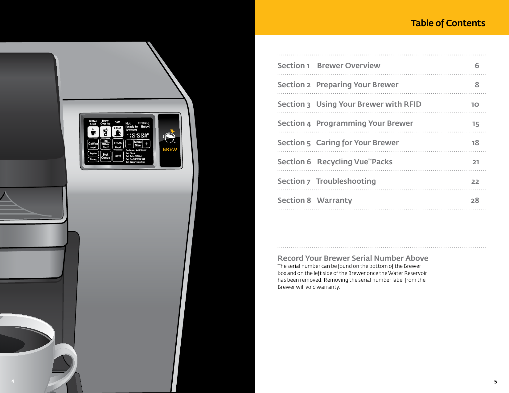   5 Section 1    Brewer Overview  6Section 2   Preparing Your Brewer  8Section 3   Using Your Brewer with RFID  10Section 4   Programming Your Brewer  15Section 5   Caring for Your Brewer  18Section 6    Recycling Vue&trade;Packs  21Section 7    Troubleshooting  22Section 8   Warranty  28 Record Your Brewer Serial Number Above The serial number can be found on the bottom of the Brewer box and on the left side of the Brewer once the Water Reservoir has been removed. Removing the serial number label from the Brewer will void warranty.Table of ContentsCoffeeStep2 Step2RegularCaf&eacute;StrongHotCocoaTeaOtherFrothStep1Ready toNot BrewingPMOZMHSizeFrothingEnjoy!De-ScaleSet ClockSet Auto Off SetSet OnOff Time SetSet Brew Temp SetMenuAdd WaterCoffee&amp; TeaBrewOver Ice Caf&eacute;2 Step4
