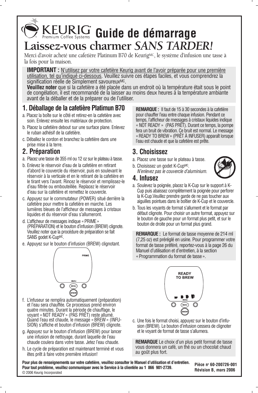 Page 2 of 2 - Keurig Keurig-Platinum-B70-Users-Manual- B07461_QuickStartInsert_B70-c1 Keurig-platinum-b70-users-manual