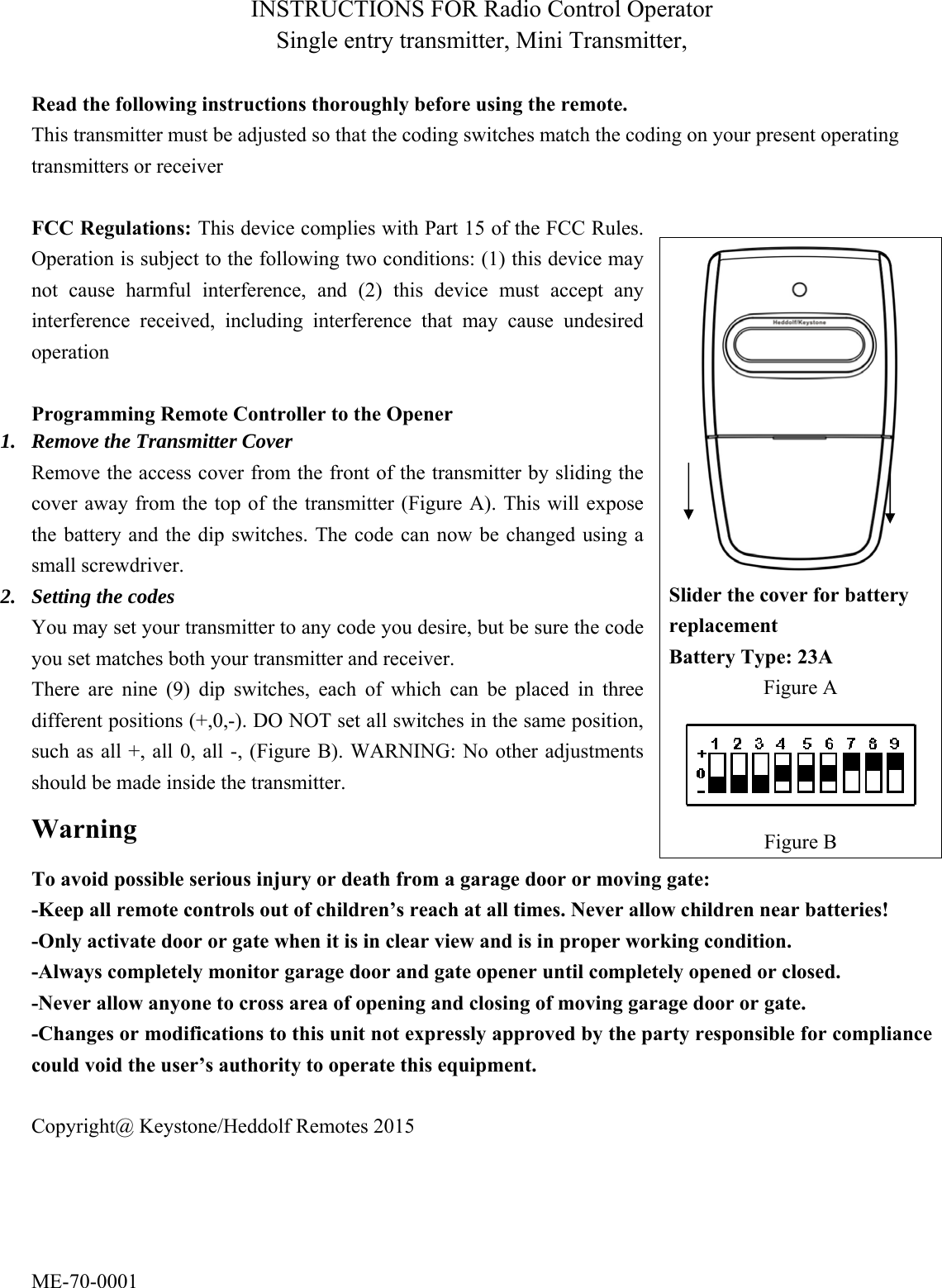 Keystone Heddolf O220390 FIX CODE TRANSMITTER User Manual ME 70 0001