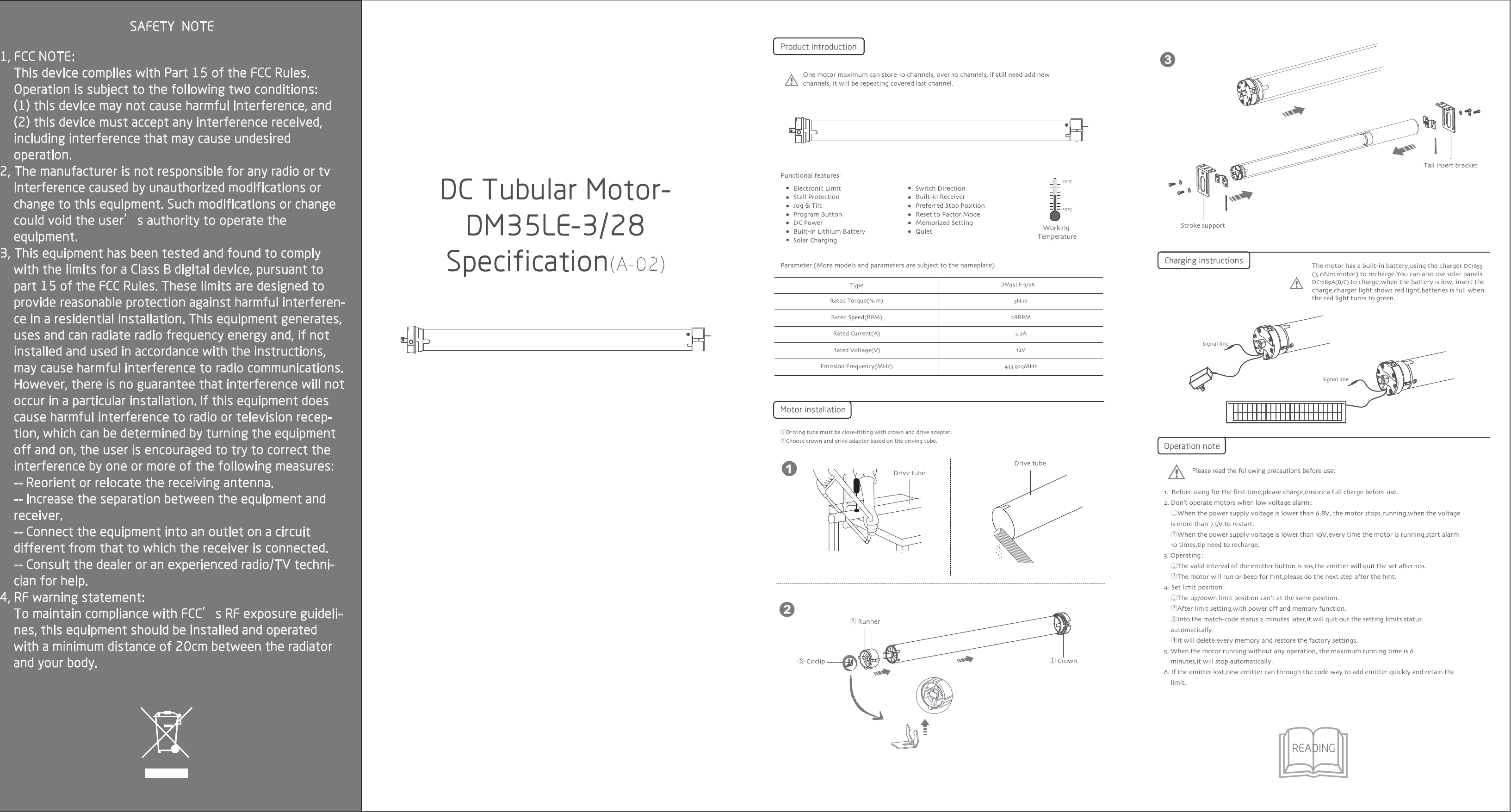 Page 1 of Keystone Sales Group DM35LE DC Tubular Motor User Manual eDM25CE S                    A 00