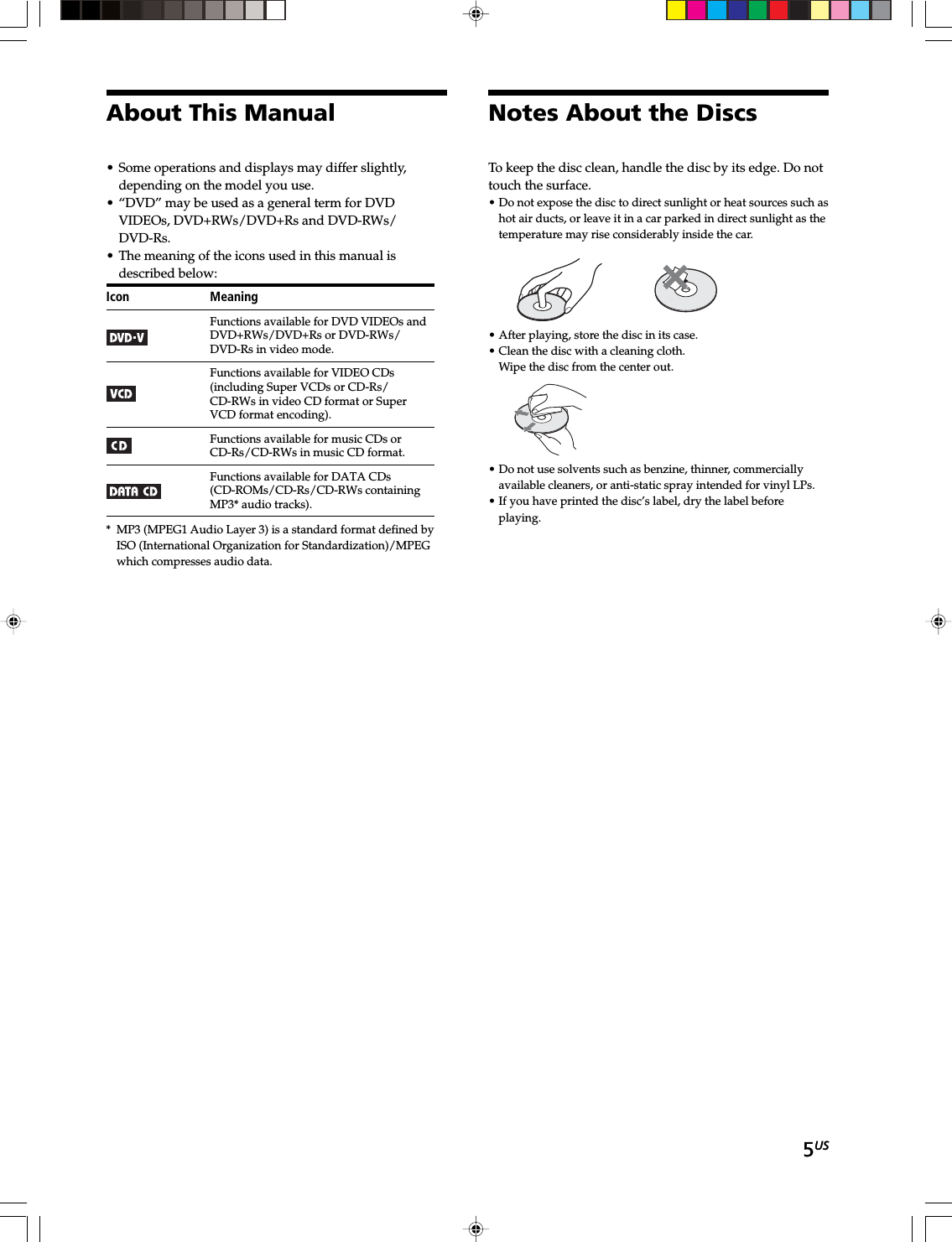 5US5USNotes About the DiscsTo keep the disc clean, handle the disc by its edge. Do nottouch the surface.• Do not expose the disc to direct sunlight or heat sources such ashot air ducts, or leave it in a car parked in direct sunlight as thetemperature may rise considerably inside the car.• After playing, store the disc in its case.• Clean the disc with a cleaning cloth.Wipe the disc from the center out.• Do not use solvents such as benzine, thinner, commerciallyavailable cleaners, or anti-static spray intended for vinyl LPs.• If you have printed the disc’s label, dry the label beforeplaying.About This Manual• Some operations and displays may differ slightly,depending on the model you use.• “DVD” may be used as a general term for DVDVIDEOs, DVD+RWs/DVD+Rs and DVD-RWs/DVD-Rs.• The meaning of the icons used in this manual isdescribed below:Icon MeaningFunctions available for DVD VIDEOs andDVD+RWs/DVD+Rs or DVD-RWs/DVD-Rs in video mode.Functions available for VIDEO CDs(including Super VCDs or CD-Rs/CD-RWs in video CD format or SuperVCD format encoding).Functions available for music CDs orCD-Rs/CD-RWs in music CD format.Functions available for DATA CDs(CD-ROMs/CD-Rs/CD-RWs containingMP3* audio tracks).* MP3 (MPEG1 Audio Layer 3) is a standard format defined byISO (International Organization for Standardization)/MPEGwhich compresses audio data.