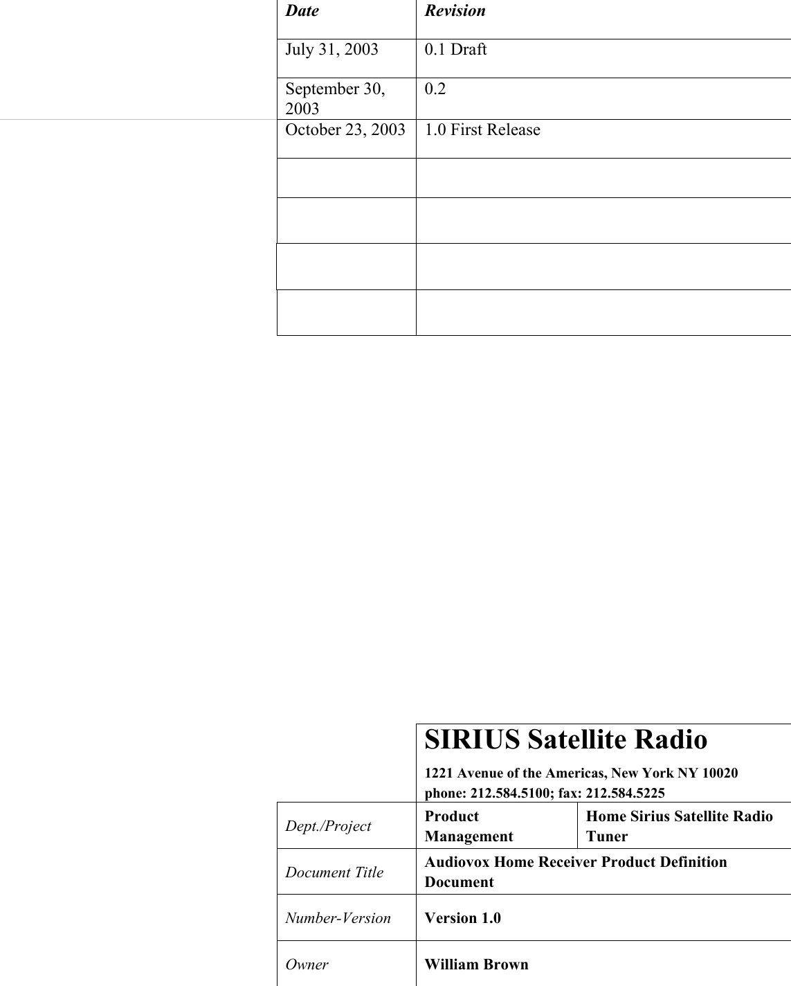      Date   Revision  July 31, 2003  0.1 Draft  September 30, 2003 0.2  October 23, 2003  1.0 First Release                                          SIRIUS Satellite Radio 1221 Avenue of the Americas, New York NY 10020 phone: 212.584.5100; fax: 212.584.5225  Dept./Project  Product Management Home Sirius Satellite Radio Tuner  Document Title  Audiovox Home Receiver Product Definition Document  Number-Version  Version 1.0  Owner  William Brown  