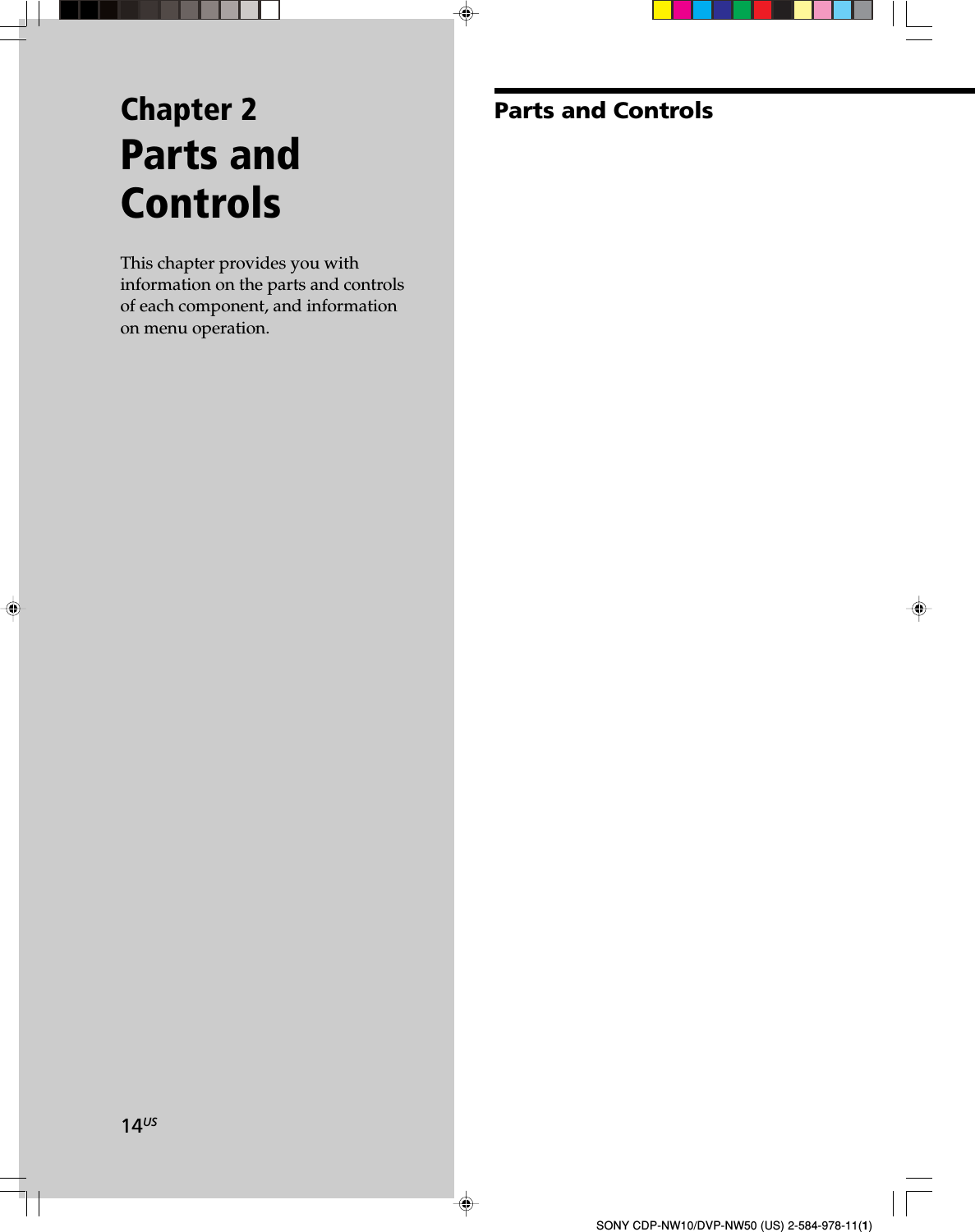 14USSONY CDP-NW10/DVP-NW50 (US) 2-584-978-11(1)Chapter 2Parts andControlsThis chapter provides you withinformation on the parts and controlsof each component, and informationon menu operation.Parts and Controls