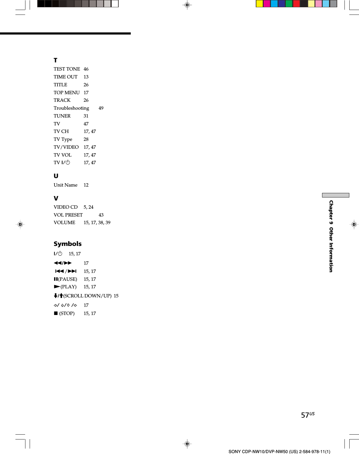 57USChapter 9  Other InformationSONY CDP-NW10/DVP-NW50 (US) 2-584-978-11(1)TTEST TONE 46TIME OUT 13TITLE 26TOP MENU 17TRACK 26Troubleshooting 49TUNER 31TV 47TV CH 17, 47TV Type 28TV/VIDEO 17, 47TV VOL 17, 47TV ?/1 17, 47UUnit Name 12VVIDEO CD 5, 24VOL PRESET 43VOLUME 15, 17, 38, 39Symbols?/1 15, 17m/M17./&gt;15, 17X(PAUSE) 15, 17N(PLAY) 15, 17m/M(SCROLL DOWN/UP) 15G/ F/f /g 17x (STOP) 15, 17
