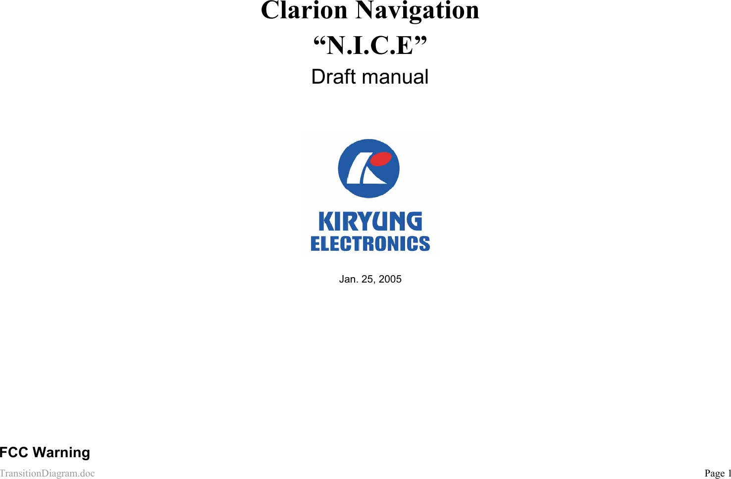 TransitionDiagram.doc           Page 1   Clarion Navigation  “N.I.C.E” Draft manual      Jan. 25, 2005     FCC Warning 