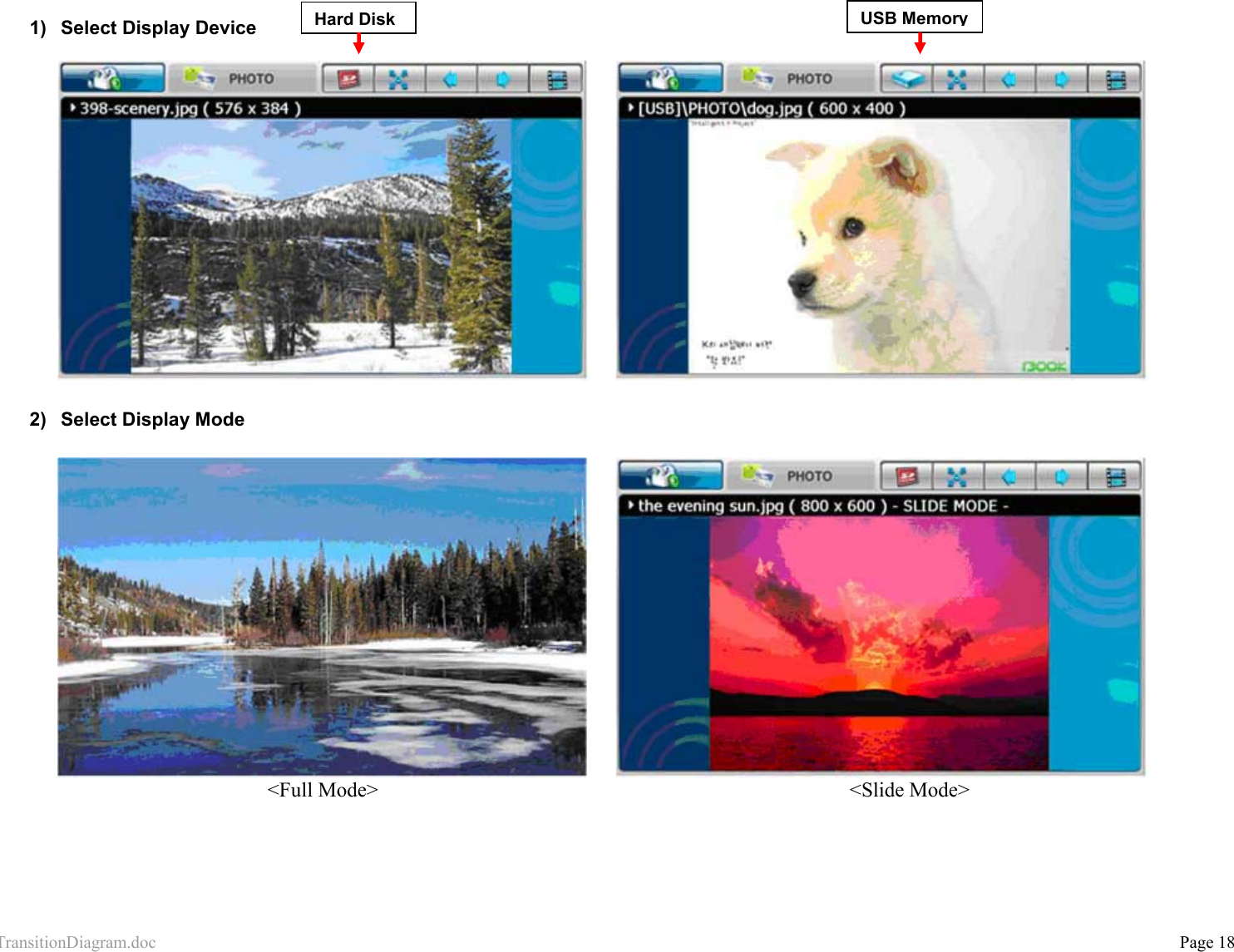 TransitionDiagram.doc           Page 18 1)  Select Display Device          2)  Select Display Mode         &lt;Full Mode&gt;                     &lt;Slide Mode&gt;      Hard Disk USB Memory