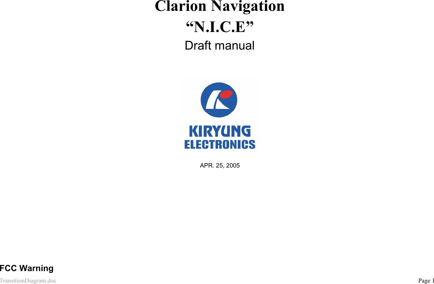 TransitionDiagram.doc           Page 1   Clarion Navigation  “N.I.C.E” Draft manual      APR. 25, 2005     FCC Warning 