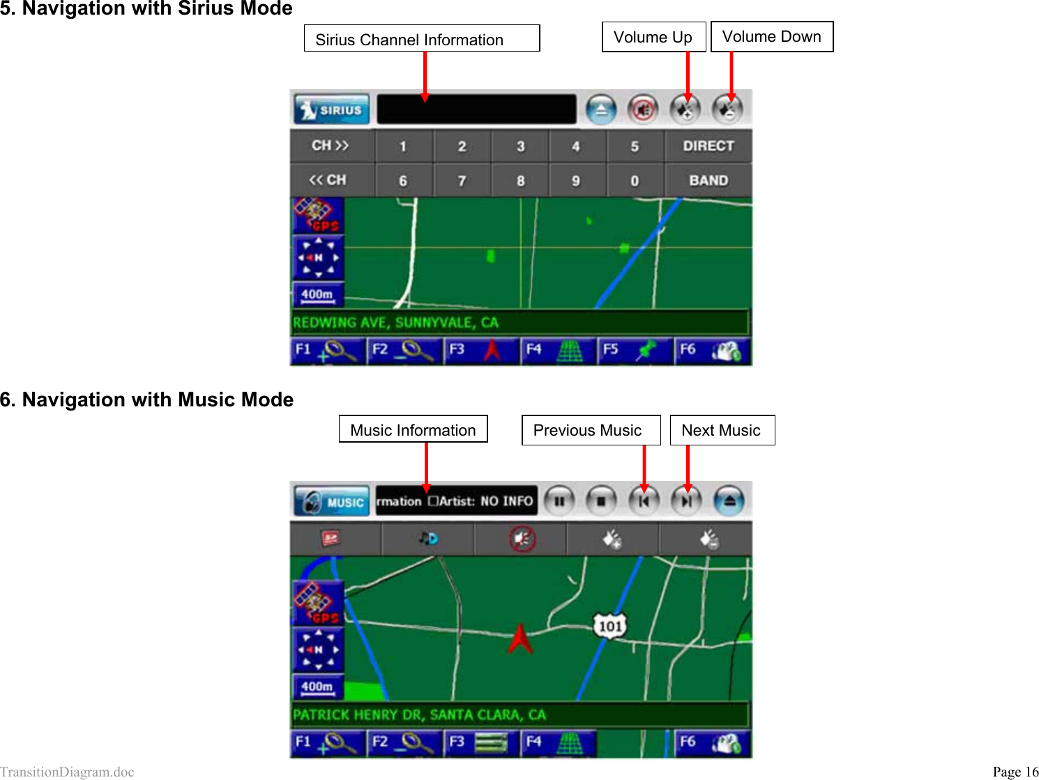 TransitionDiagram.doc           Page 16 5. Navigation with Sirius Mode      6. Navigation with Music Mode     Sirius Channel InformationVolume Up Volume Down Previous Music  Next Music Music Information