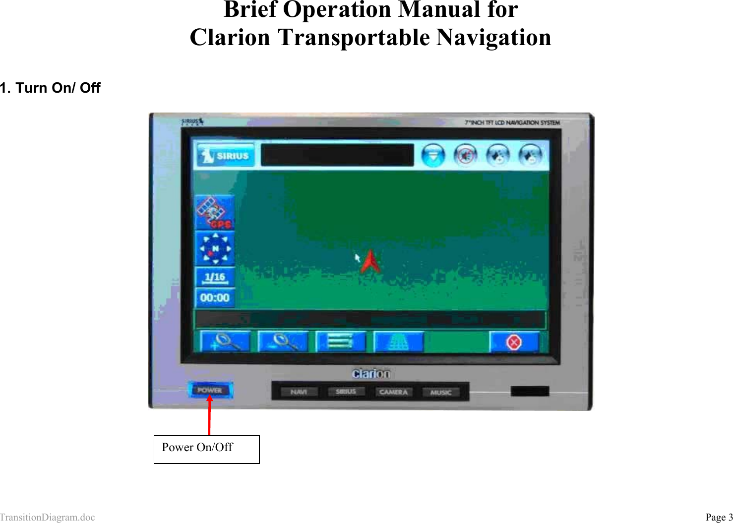 TransitionDiagram.doc           Page 3  Brief Operation Manual for Clarion Transportable Navigation   1.  Turn On/ Off             Power On/Off 