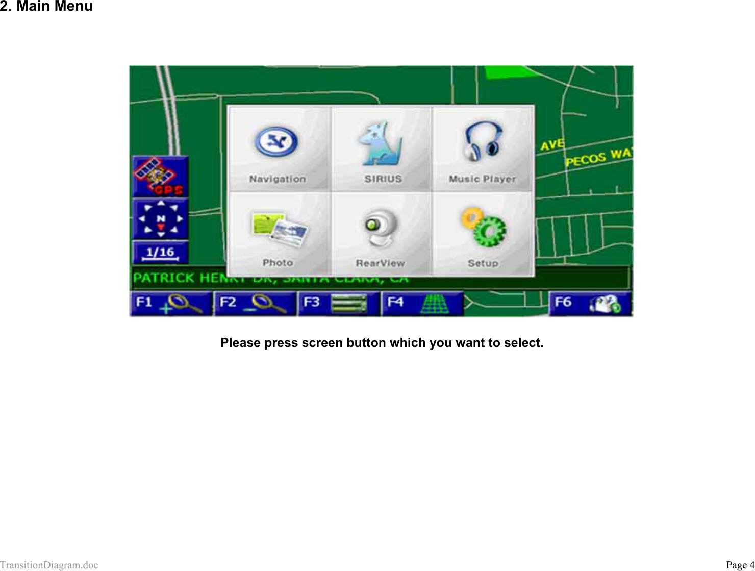 TransitionDiagram.doc           Page 4 2.  Main Menu      Please press screen button which you want to select.             