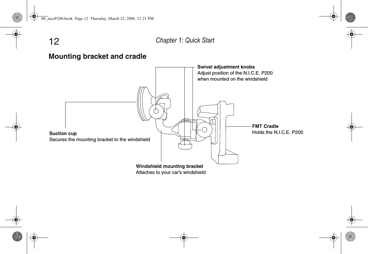 Chapter 1: Quick Start12Mounting bracket and cradleFMT CradleHolds the N.I.C.E. P200Windshield mounting bracketAttaches to your car’s windshieldSwivel adjustment knobsAdjust position of the N.I.C.E. P200 when mounted on the windshieldSuction cupSecures the mounting bracket to the windshield00_niceP200.book  Page 12  Thursday, March 23, 2006  11:21 PM