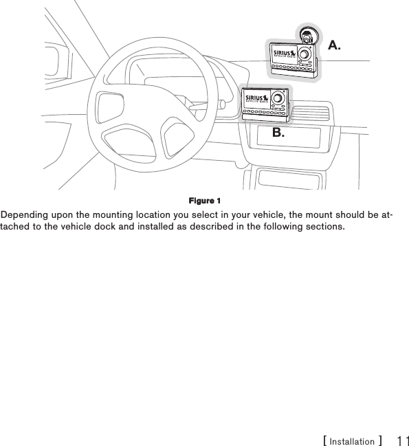 [ Installation ] 11A.B.Depending upon the mounting location you select in your vehicle, the mount should be at-tached to the vehicle dock and installed as described in the following sections.Figure 1Figure 1