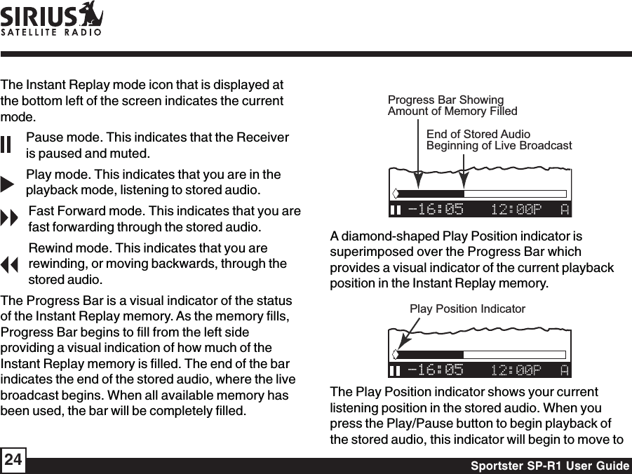 Sportster SP-R1 User Guide24The Instant Replay mode icon that is displayed atthe bottom left of the screen indicates the currentmode.Pause mode. This indicates that the Receiveris paused and muted.Play mode. This indicates that you are in theplayback mode, listening to stored audio.Fast Forward mode. This indicates that you arefast forwarding through the stored audio.Rewind mode. This indicates that you arerewinding, or moving backwards, through thestored audio.The Progress Bar is a visual indicator of the statusof the Instant Replay memory. As the memory fills,Progress Bar begins to fill from the left sideproviding a visual indication of how much of theInstant Replay memory is filled. The end of the barindicates the end of the stored audio, where the livebroadcast begins. When all available memory hasbeen used, the bar will be completely filled.-16:05Progress Bar ShowingAmount of Memory FilledEnd of Stored AudioBeginning of Live BroadcastA diamond-shaped Play Position indicator issuperimposed over the Progress Bar whichprovides a visual indicator of the current playbackposition in the Instant Replay memory.-16:05Play Position IndicatorThe Play Position indicator shows your currentlistening position in the stored audio. When youpress the Play/Pause button to begin playback ofthe stored audio, this indicator will begin to move to