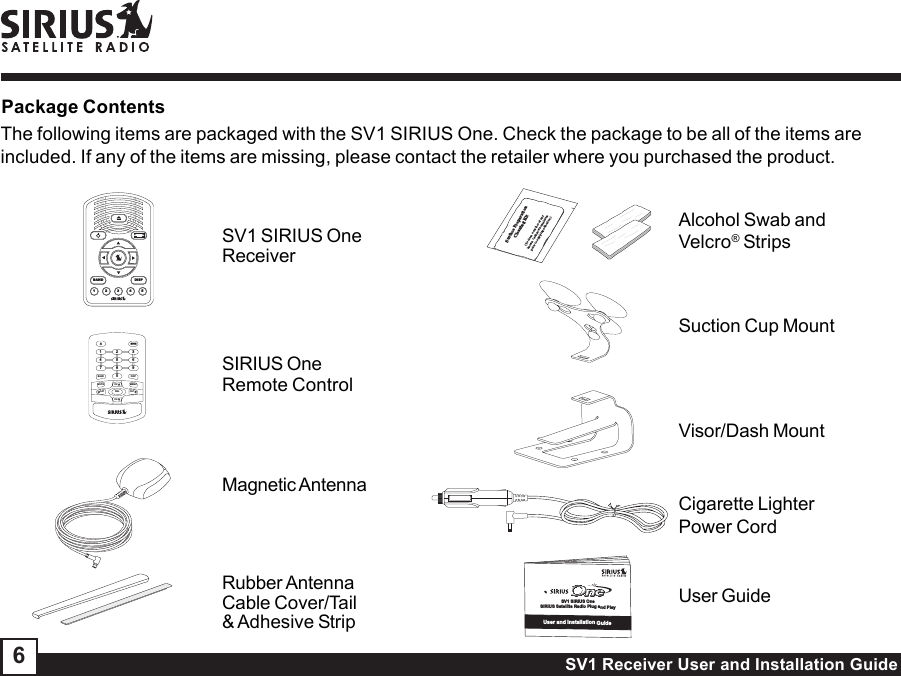 SV1 Receiver User and Installation Guide6Package ContentsSurface PreparationCleaning Kit(To clean a surface of anyknown / unknown emulsionsprior to applying adhesives.)SV1 SIRIUS OneReceiverMagnetic AntennaSIRIUS OneRemote ControlRubber AntennaCable Cover/Tail&amp; Adhesive StripAlcohol Swab andVelcro® StripsSuction Cup MountVisor/Dash MountCigarette LighterPower CordUser GuideThe following items are packaged with the SV1 SIRIUS One. Check the package to be all of the items areincluded. If any of the items are missing, please contact the retailer where you purchased the product.User and Installation GuideSV1 SIRIUS OneSIRIUS Satellite Radio Plug and Play147258BAND DISPMUTE CHSELCHMENUCAT CAT0369BAND DISP1 2 3 4 5