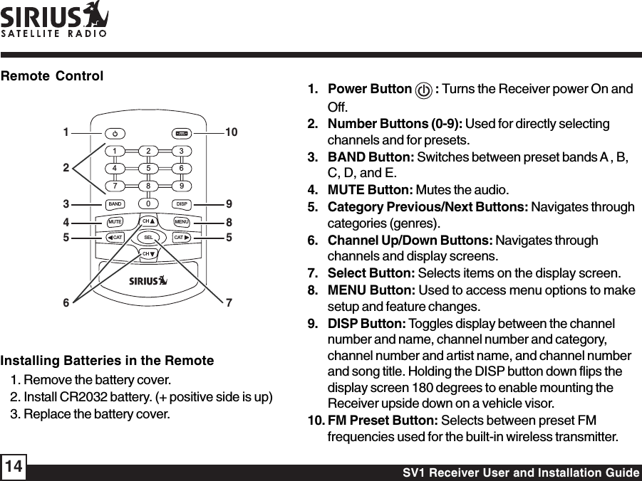 SV1 Receiver User and Installation Guide14Remote Control1. Power Button   : Turns the Receiver power On andOff.2. Number Buttons (0-9): Used for directly selectingchannels and for presets.3. BAND Button: Switches between preset bands A , B,C, D, and E.4. MUTE Button: Mutes the audio.5. Category Previous/Next Buttons: Navigates throughcategories (genres).6. Channel Up/Down Buttons: Navigates throughchannels and display screens.7. Select Button: Selects items on the display screen.8. MENU Button: Used to access menu options to makesetup and feature changes.9. DISP Button: Toggles display between the channelnumber and name, channel number and category,channel number and artist name, and channel numberand song title. Holding the DISP button down flips thedisplay screen 180 degrees to enable mounting theReceiver upside down on a vehicle visor.10. FM Preset Button: Selects between preset FMfrequencies used for the built-in wireless transmitter.Installing Batteries in the Remote1. Remove the battery cover.2. Install CR2032 battery. (+ positive side is up)3. Replace the battery cover.147258BAND DISPMUTE CHSELCHMENUCAT CAT0369132645109785