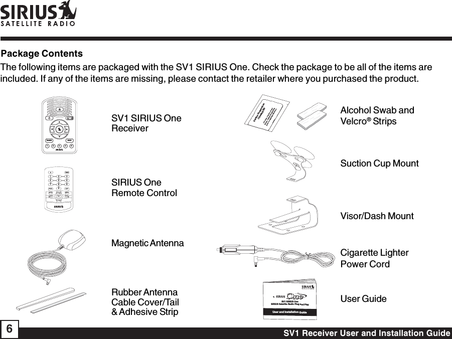 SV1 Receiver User and Installation Guide6Package ContentsSurface PreparationCleaning Kit(To clean a surface of anyknown / unknown emulsionsprior to applying adhesives.)SV1 SIRIUS OneReceiverMagnetic AntennaSIRIUS OneRemote ControlRubber AntennaCable Cover/Tail&amp; Adhesive StripAlcohol Swab andVelcro® StripsSuction Cup MountVisor/Dash MountCigarette LighterPower CordUser GuideThe following items are packaged with the SV1 SIRIUS One. Check the package to be all of the items areincluded. If any of the items are missing, please contact the retailer where you purchased the product.User and Installation GuideSV1 SIRIUS OneSIRIUS Satellite Radio Plug and Play147258BAND DISPMUTE CHSELCHMENUCAT CAT0369BAND DISP1 2 3 4 5