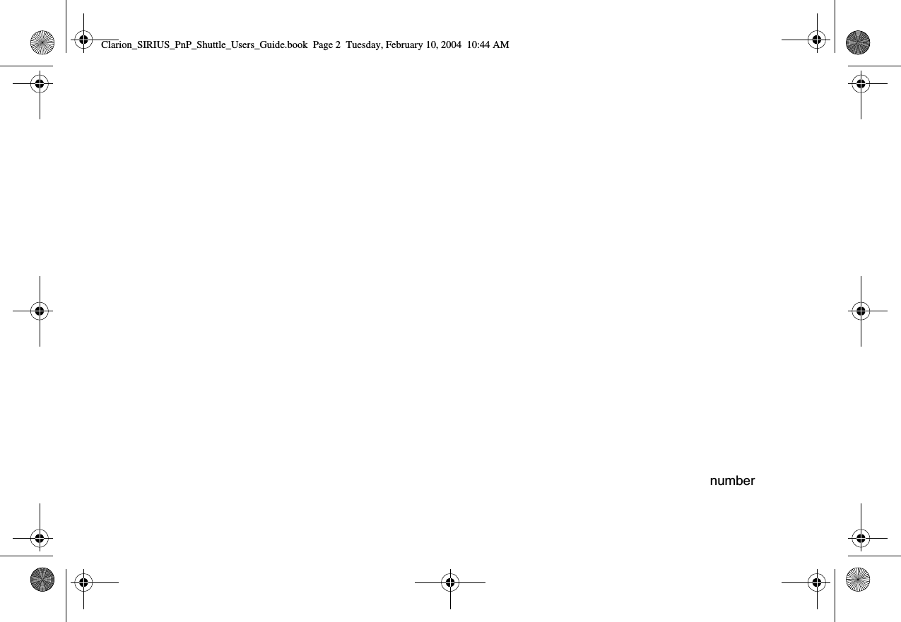 numberClarion_SIRIUS_PnP_Shuttle_Users_Guide.book  Page 2  Tuesday, February 10, 2004  10:44 AM