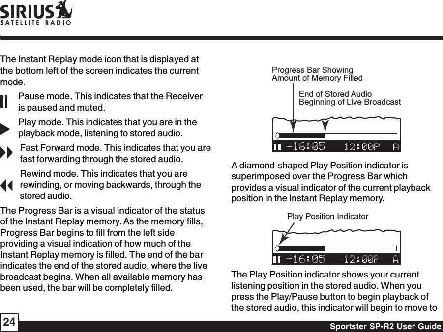 Sportster SP-R2 User Guide24The Instant Replay mode icon that is displayed atthe bottom left of the screen indicates the currentmode.Pause mode. This indicates that the Receiveris paused and muted.Play mode. This indicates that you are in theplayback mode, listening to stored audio.Fast Forward mode. This indicates that you arefast forwarding through the stored audio.Rewind mode. This indicates that you arerewinding, or moving backwards, through thestored audio.The Progress Bar is a visual indicator of the statusof the Instant Replay memory. As the memory fills,Progress Bar begins to fill from the left sideproviding a visual indication of how much of theInstant Replay memory is filled. The end of the barindicates the end of the stored audio, where the livebroadcast begins. When all available memory hasbeen used, the bar will be completely filled.-16:05Progress Bar ShowingAmount of Memory FilledEnd of Stored AudioBeginning of Live BroadcastA diamond-shaped Play Position indicator issuperimposed over the Progress Bar whichprovides a visual indicator of the current playbackposition in the Instant Replay memory.-16:05Play Position IndicatorThe Play Position indicator shows your currentlistening position in the stored audio. When youpress the Play/Pause button to begin playback ofthe stored audio, this indicator will begin to move to